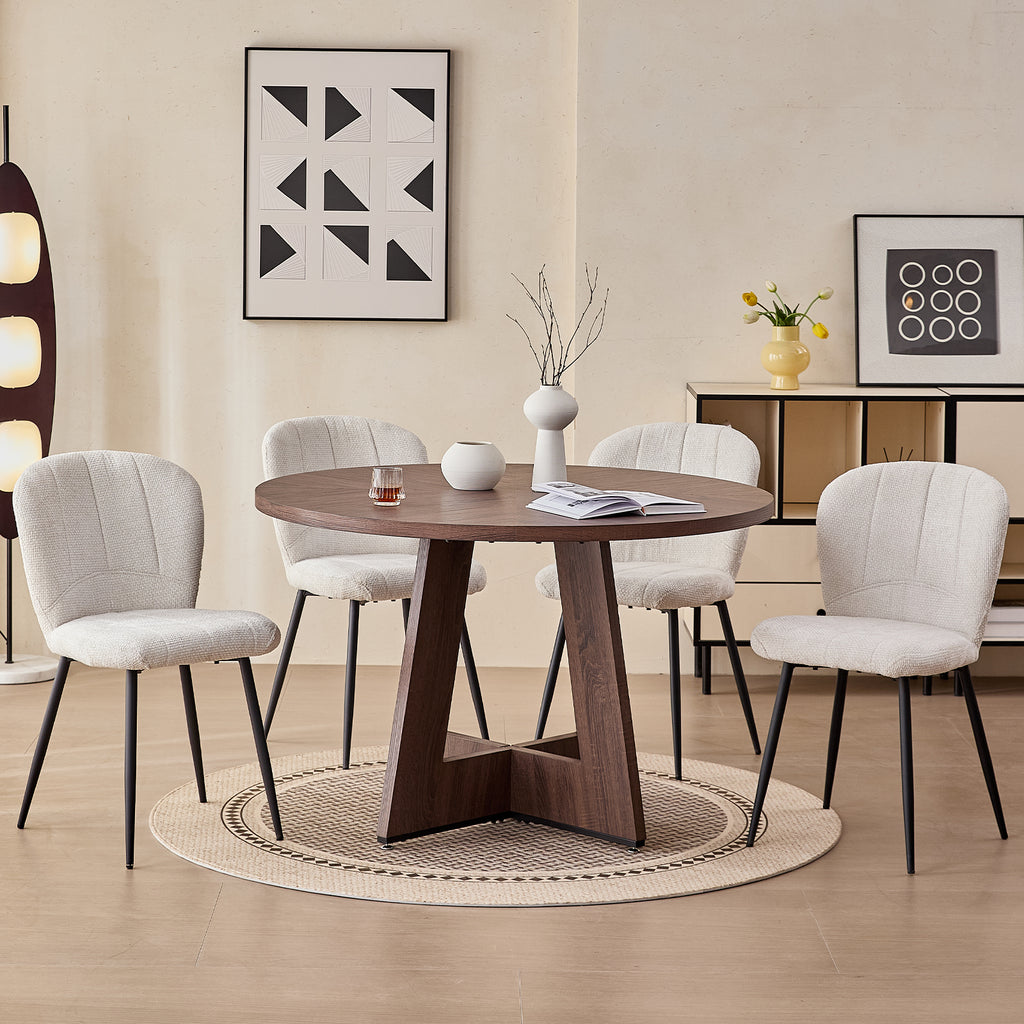 5 Piece 47" Round Dining Room Table Set for 4, [Fanned Base] [1.38" Thick Top] Wood Kitchen Table with 4 White Chenille Dining Chairs