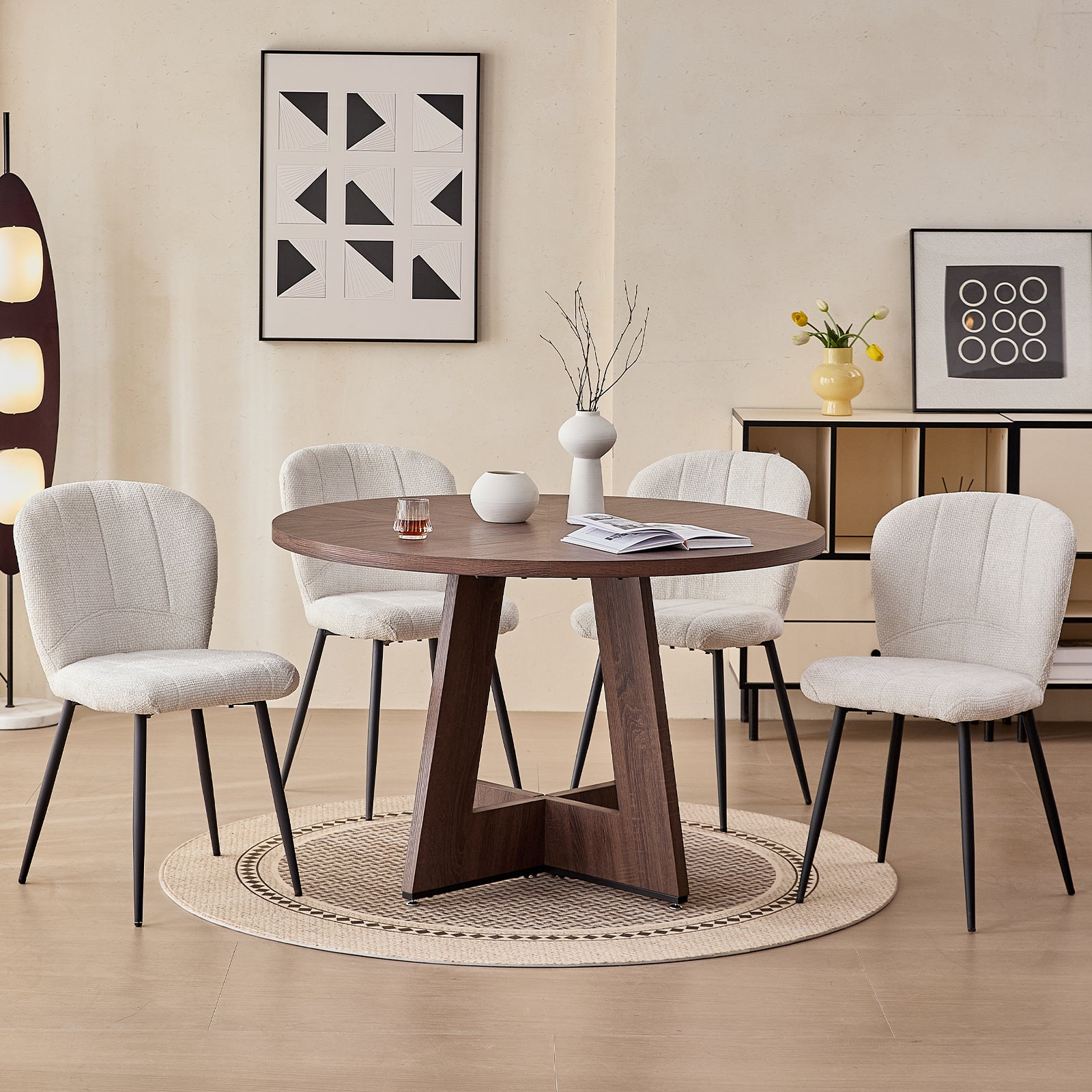 5 Piece 47" Round Dining Room Table Set for 4, [Fanned Base] [1.38" Thick Top] Wood Kitchen Table with 4 White Chenille Dining Chairs