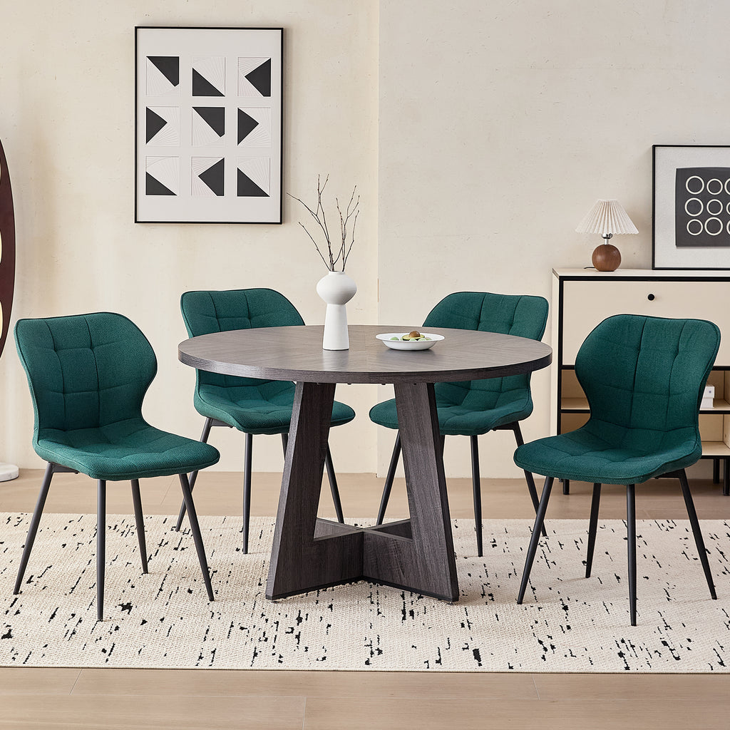 5 Piece 47'' Round Dining Table Chairs Set for 4, Farmhouse Grey Kitchen Table with Chairs Mid Century Modern Dinning Room Set Wood Kitchen Table with 4 Water-Resistant Fabric Dining Chairs, Green