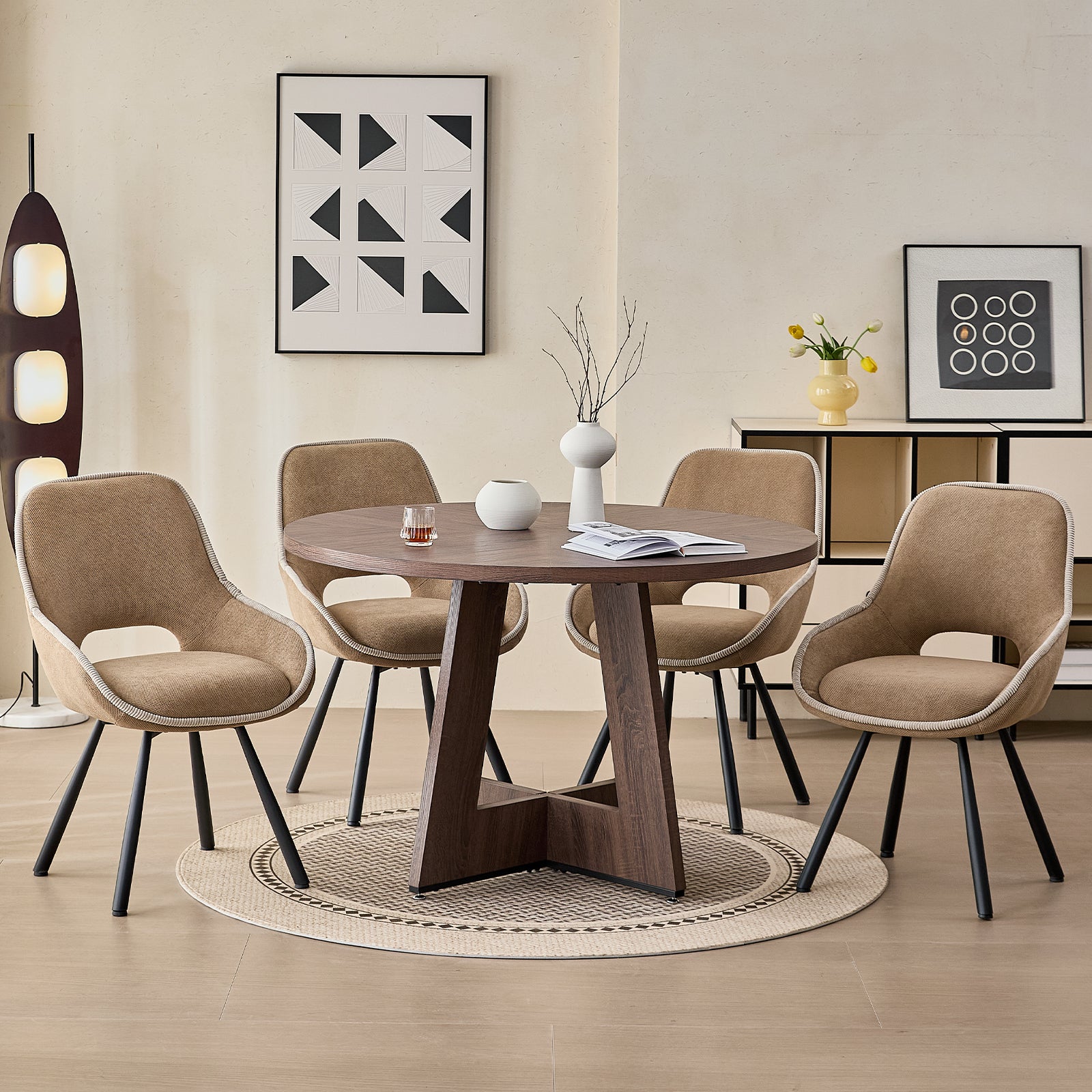 5 Piece 47" Round Dining Table Set for 4, [Fanned Base] [1.38" Thick Top] Wood Kitchen Table with 4 Swivel Dining Chairs, Brown
