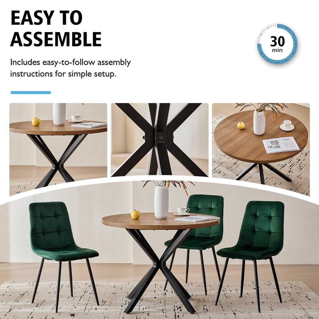 5 Pieces Round Dining Table Set - Mid-Century Modern Brown Dinner Table with 4 Green Velvet Chairs Set, Coffee Table & Chair with Black Metal Legs for Kitchen Dining Room, Apartment