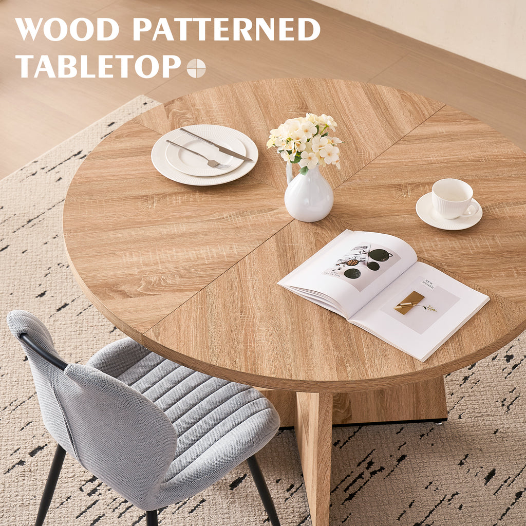5 Piece 47'' Round Dining Table Chairs Set for 4, Farmhouse Oak Kitchen Table with 4 Scandi Mid Century Modern Dinning Room Chairs, Wood Dinner Table &Upholstered Fabric Chairs Set of 4, Gray