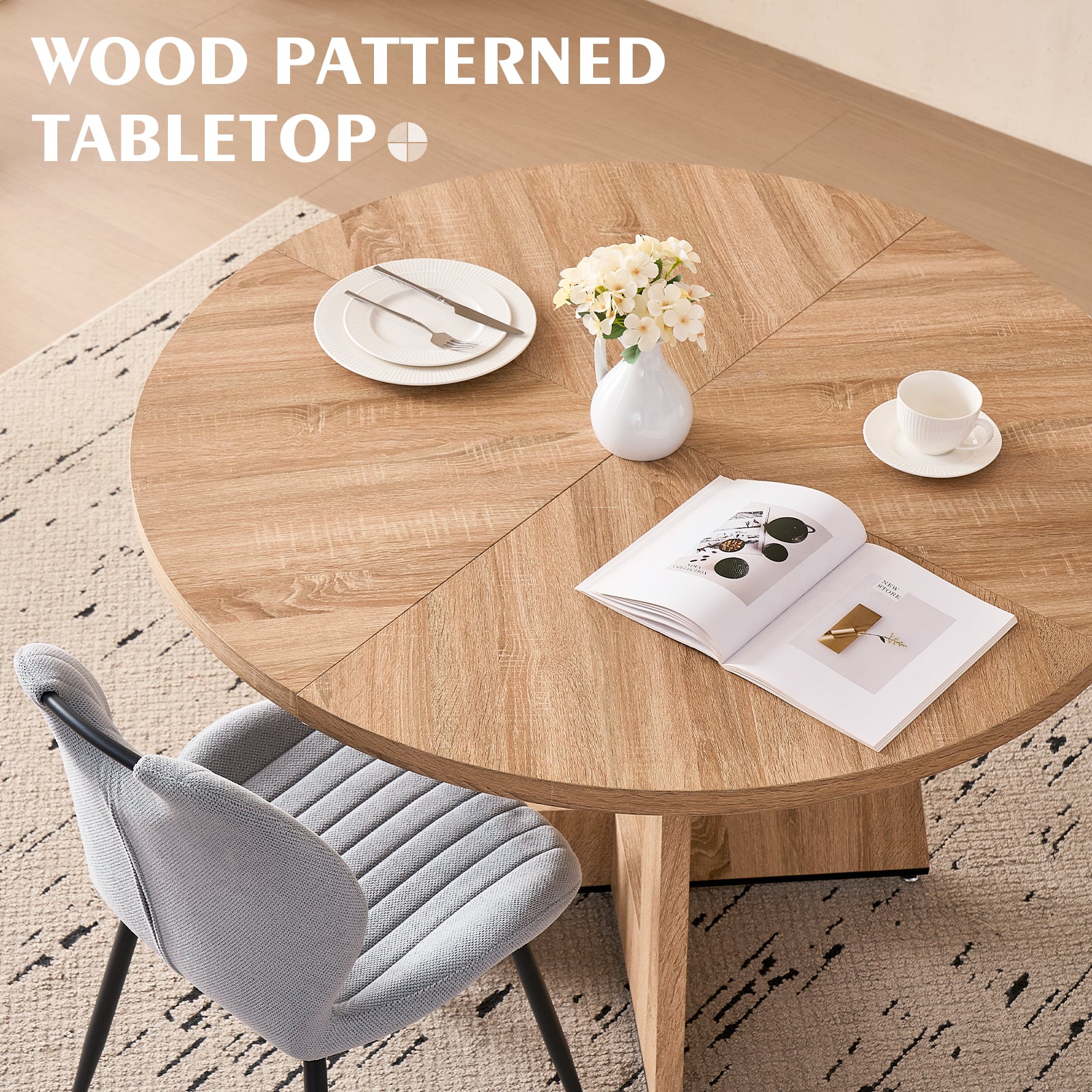 5 Piece 47'' Round Dining Table Chairs Set for 4, Farmhouse Oak Kitchen Table with 4 Scandi Mid Century Modern Dinning Room Chairs, Wood Dinner Table &Upholstered Fabric Chairs Set of 4, Gray