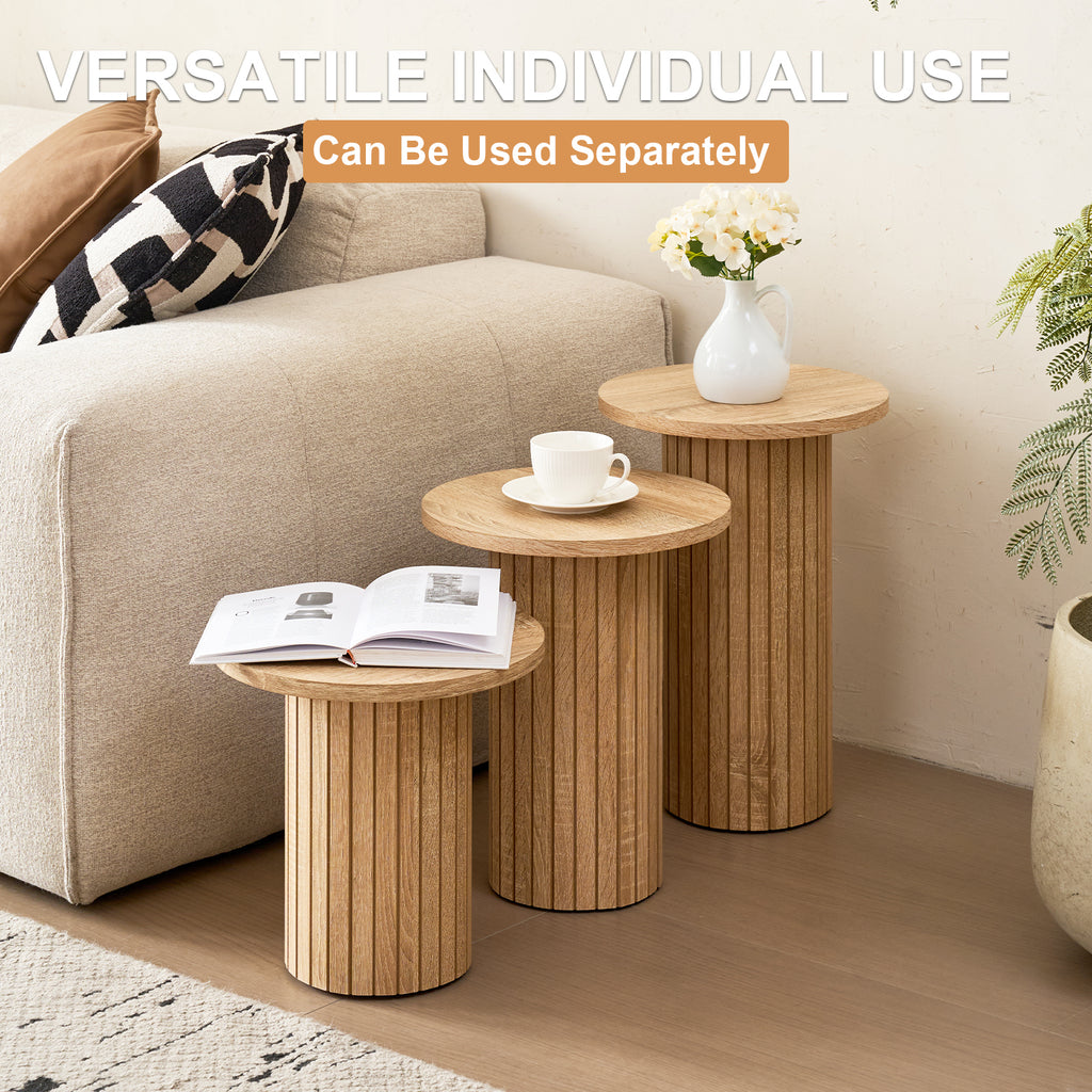 3-Piece Nesting Coffee Table Set, Modern Small Round Wood Side Tables, Fluted Drum Base, for Living Room, Bedroom, Apartment, Small Space, Sofa, Natural