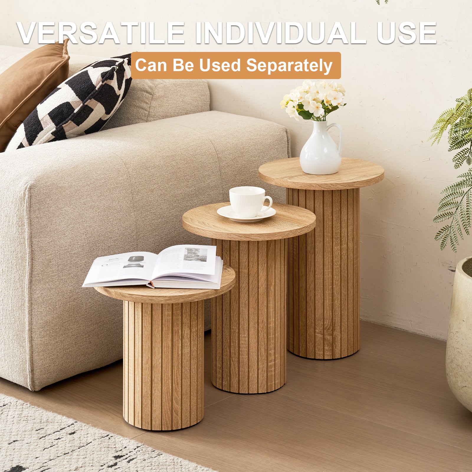 3-Piece Nesting Coffee Table Set, Modern Small Round Wood Side Tables, Fluted Drum Base, for Living Room, Bedroom, Apartment, Small Space, Sofa, Natural