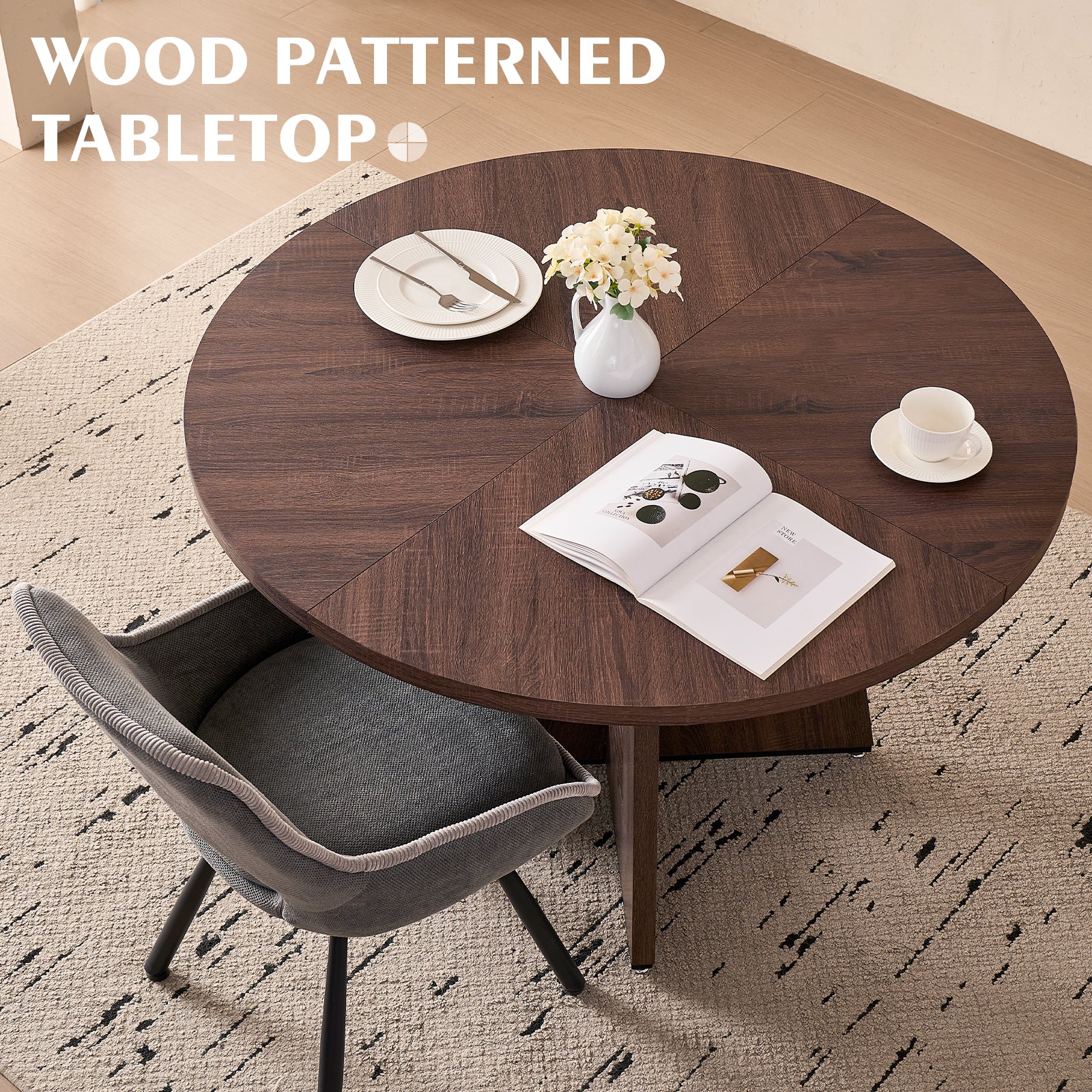5 Piece 47" Round Dining Table Set for 4, [Fanned Base] [1.38" Thick Top] Wood Kitchen Table with 4 Swivel Dining Chairs, Grey