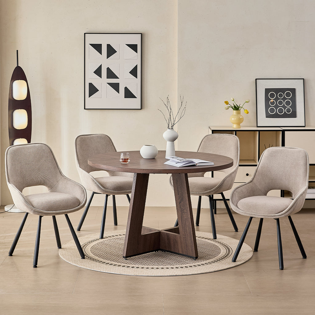 5 Piece 47" Round Dining Table Set for 4, [Fanned Base] [1.38" Thick Top] Wood Kitchen Table with 4 Swivel Dining Chairs, Beige