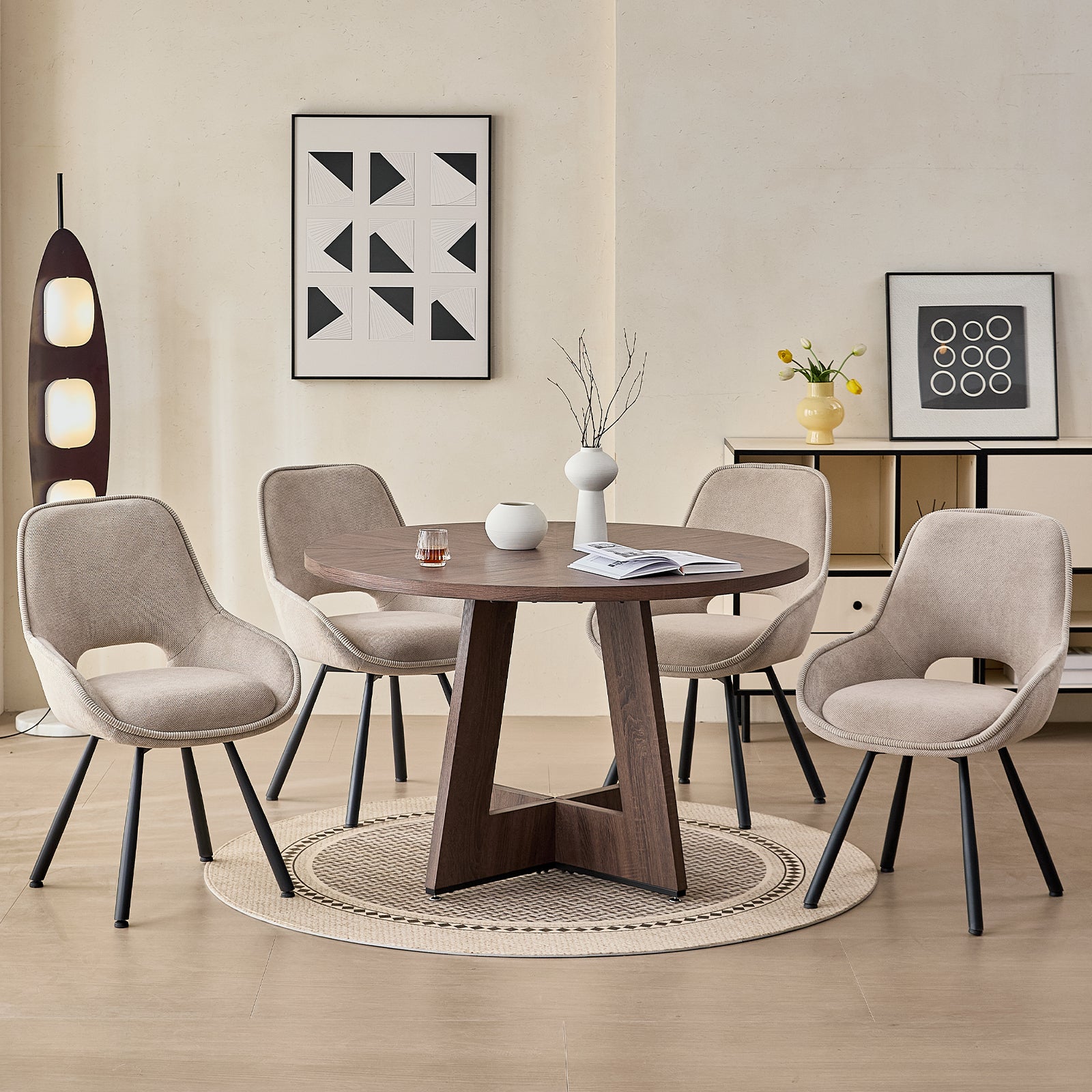 5 Piece 47" Round Dining Table Set for 4, [Fanned Base] [1.38" Thick Top] Wood Kitchen Table with 4 Swivel Dining Chairs, Beige