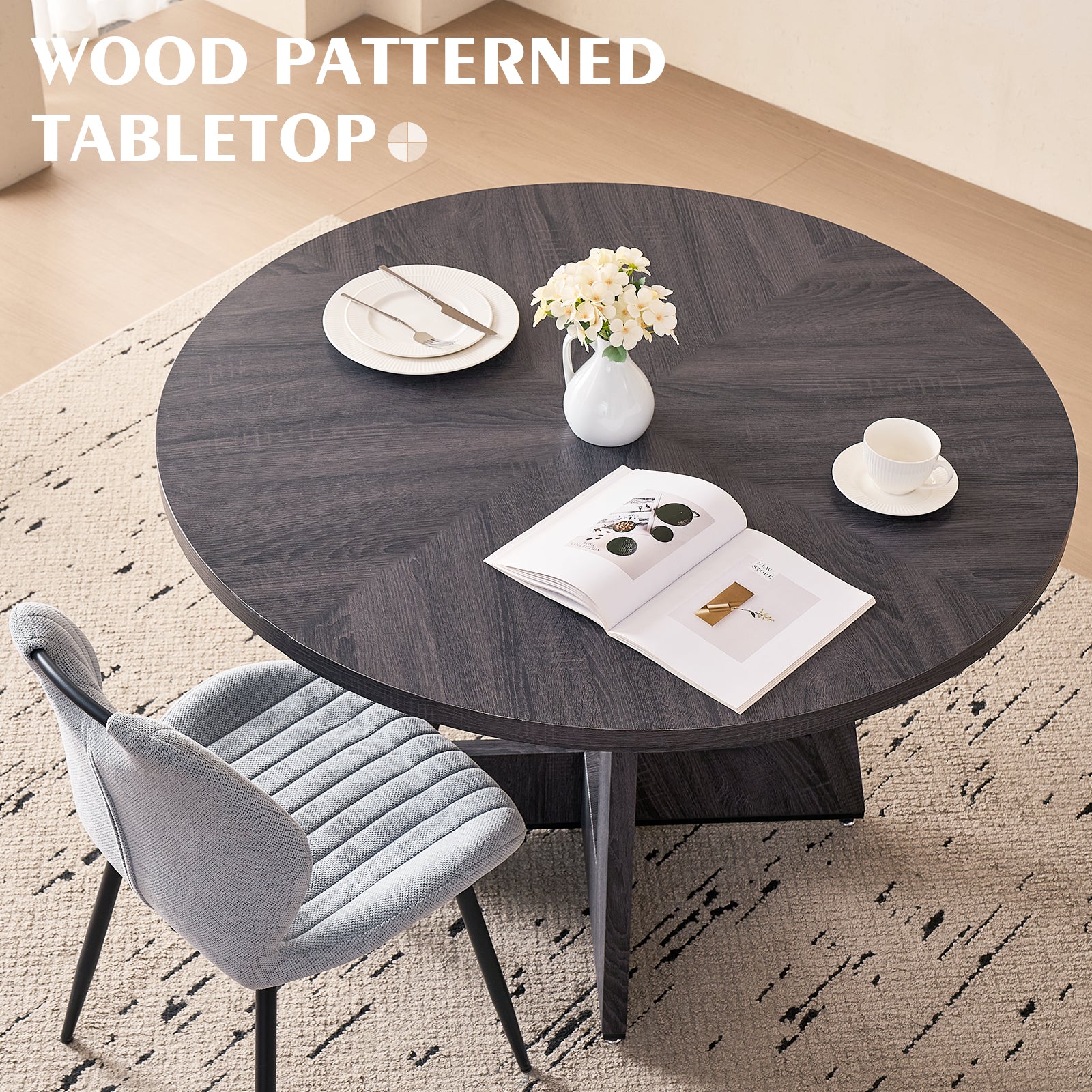 5 Piece 47'' Round Dining Table Chairs Set for 4, Farmhouse Kitchen Table with 4 Scandi Mid Century Modern Dinning Room Chairs, Wood Dinner Table &Upholstered Fabric Chairs Set of 4, Gray
