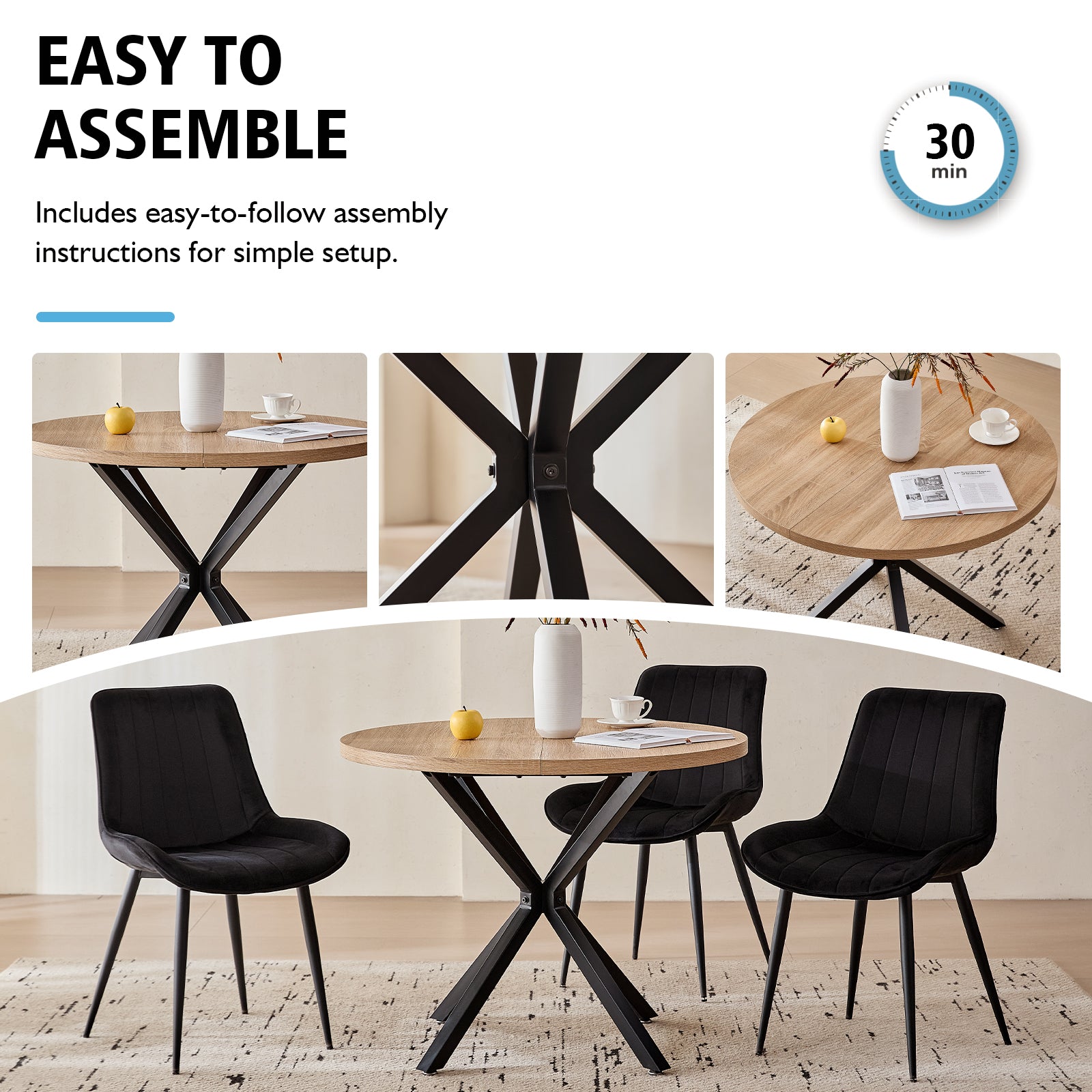 39" Round Dining Table Set for 4, Mid Century Kitchen Table with 4 Black Upholstered Dining Chairs for Apartment Living Room Space Saving,Natural Table