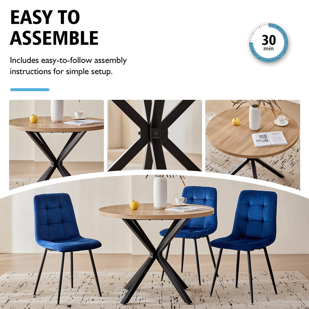5 Piece Round Dining Table Chairs Set for 4 - Mid-Century Modern Oak Kitchen Table with 4 Blue Velvet Chairs, Coffee Table & Chair with Black Metal Legs for Dining Living Room, Apartment