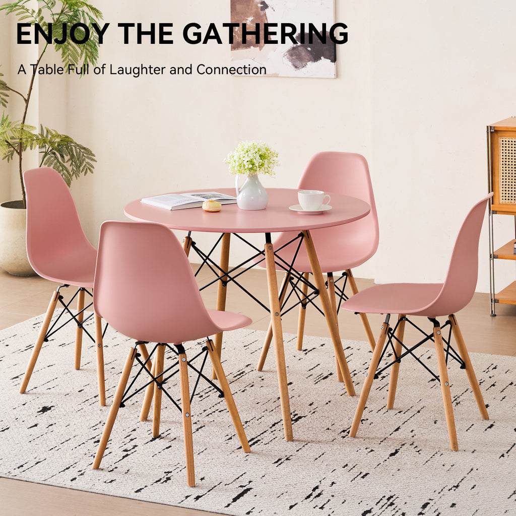 5-Piece 31.5'' Round Dining Table Set for 4, Kitchen Table Chair Set of 4, Mid-Century Modern Dinette Dining Room Table Set Dinner Table for 4 W/Solid Wood Legs, Pink
