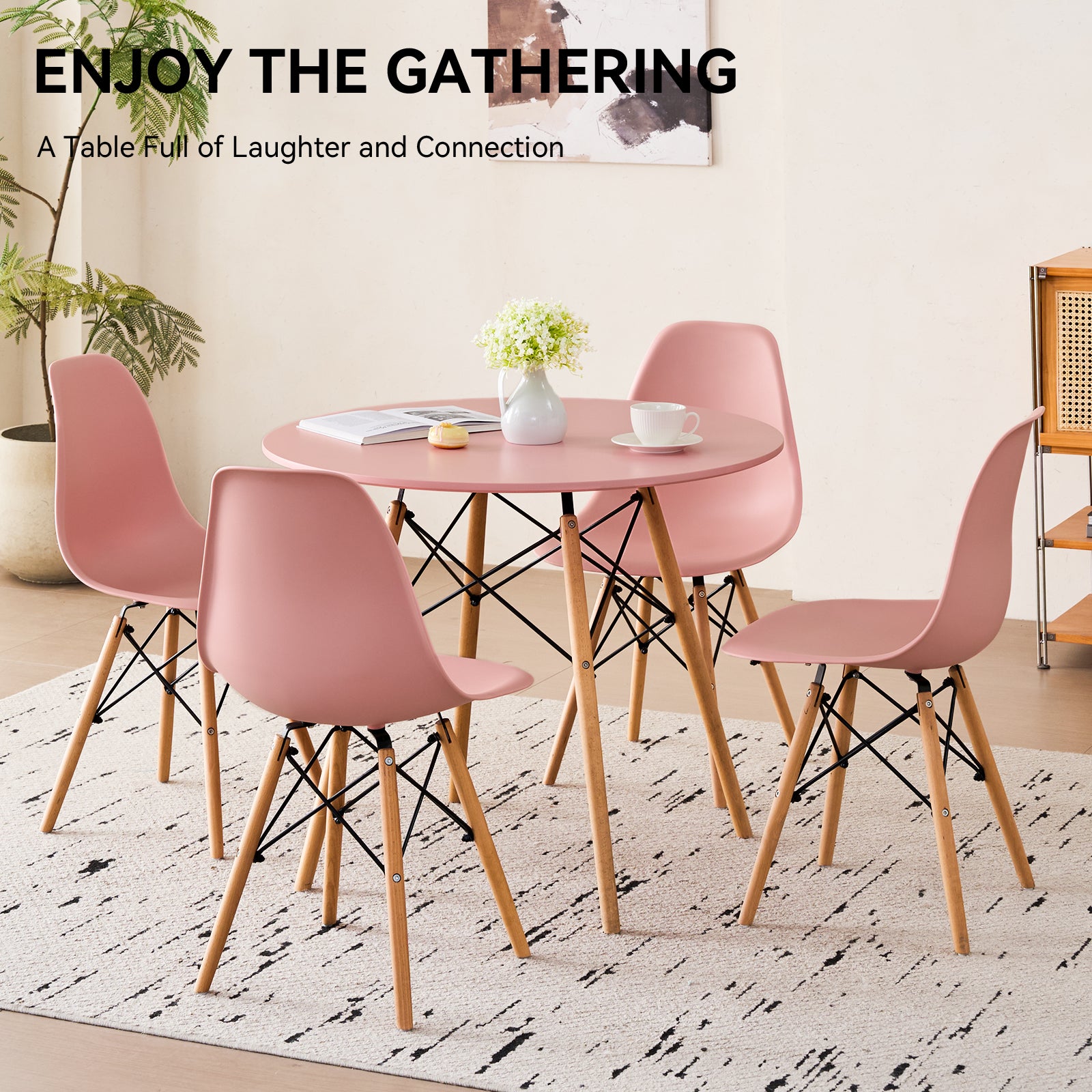 5-Piece 31.5'' Round Dining Table Set for 4, Kitchen Table Chair Set of 4, Mid-Century Modern Dinette Dining Room Table Set Dinner Table for 4 W/Solid Wood Legs, Pink
