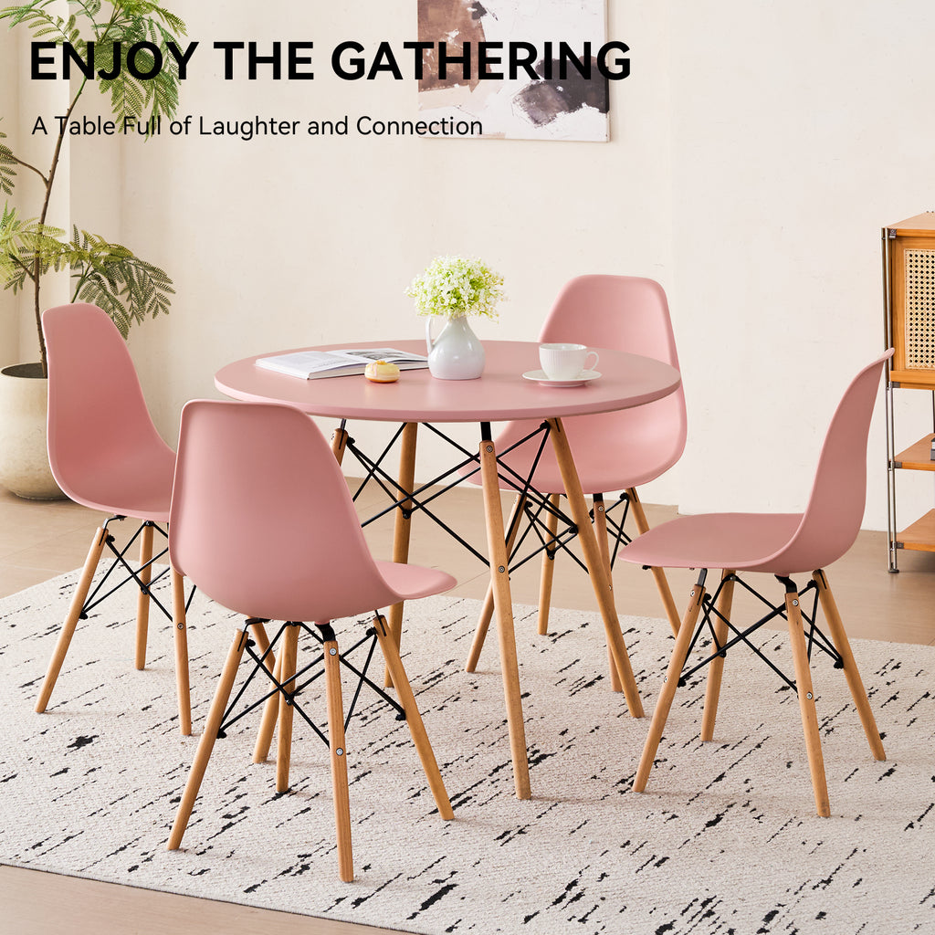5-Piece 35.5'' Round Dining Table Set for 4, Kitchen Table Chair Set of 4, Mid-Century Modern Dinette Dining Room Table Set Dinner Table for 4 W/Solid Wood Legs, Pink