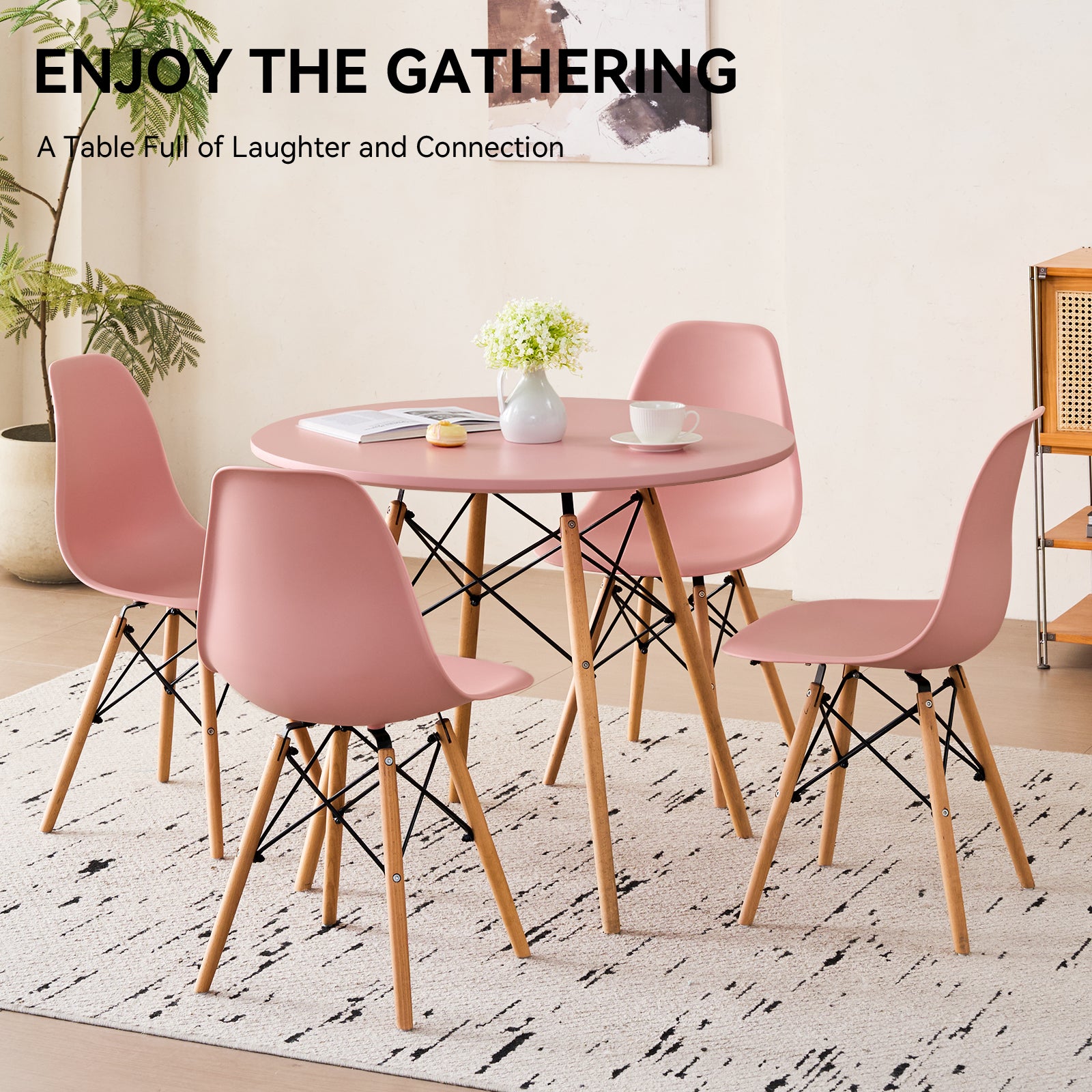 5-Piece 35.5'' Round Dining Table Set for 4, Kitchen Table Chair Set of 4, Mid-Century Modern Dinette Dining Room Table Set Dinner Table for 4 W/Solid Wood Legs, Pink
