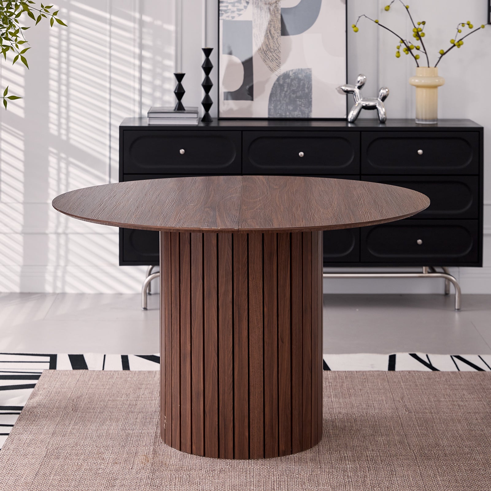5 Piece Round Dining Table Set - Mid-Century 47 inch Brown Dining Table with 4 Blue Velvet Chairs Set, Dinner Table & Chair with Metal Legs for Kitchen Dining Room, Apartment, Bedroom
