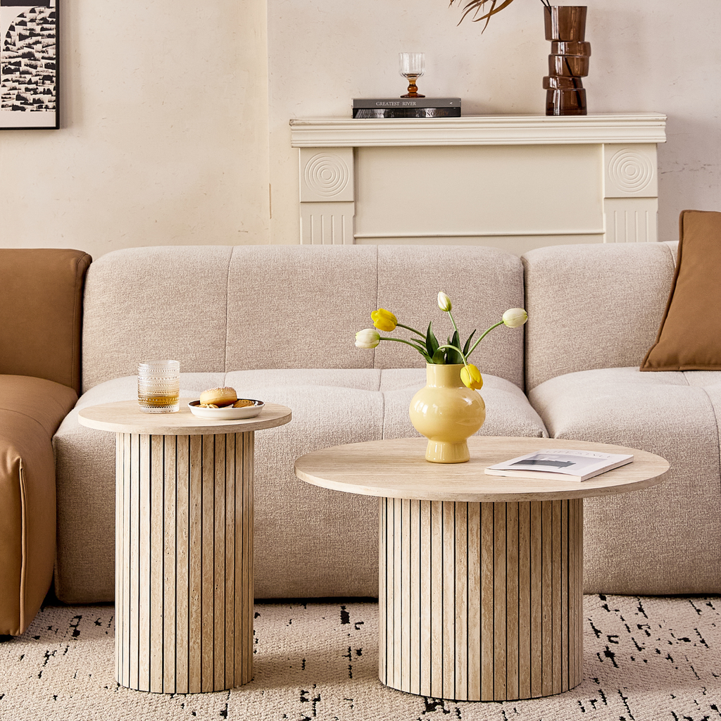 Round Nesting Coffee Tables Set of 2, Boho Wood Circle Side Table Fluted Drum, Farmhouse End Table for Living Room Bedroom, Apartment, Stone-patterned