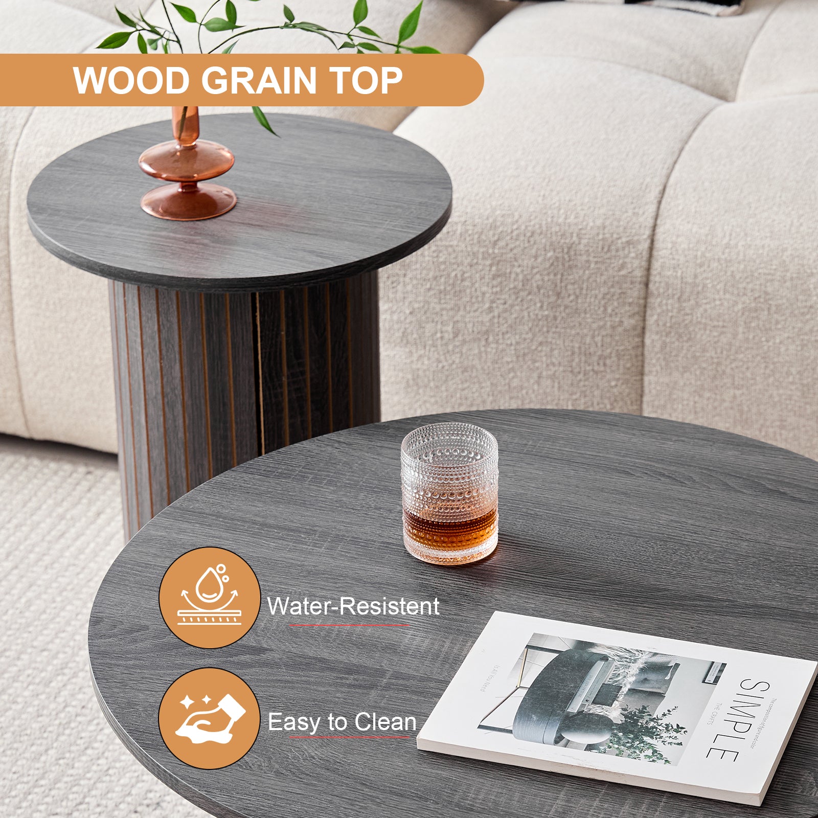 Round Nesting Coffee Tables Set of 2, Boho Wood Circle Side Table with Fluted Drum Design, Farmhouse End Table for Living Room Bedroom Apartment, Black