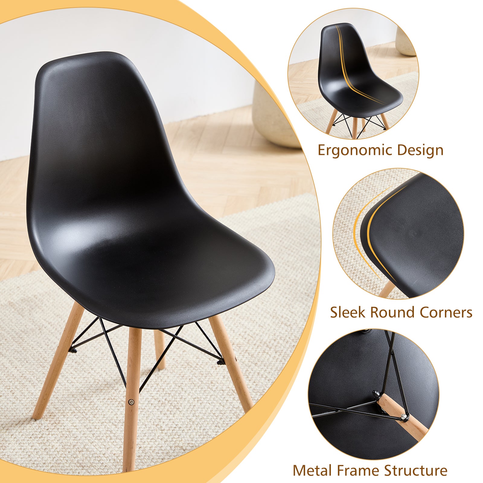 5 Piece 35.5'' Round Dining Table Set for 4, Kitchen Table & Chairs Set of 4, Mid-Century Modern Table W/ 4 Chairs for Home, Living Room, Apartment, Wood Legs, Metal Frame, Black