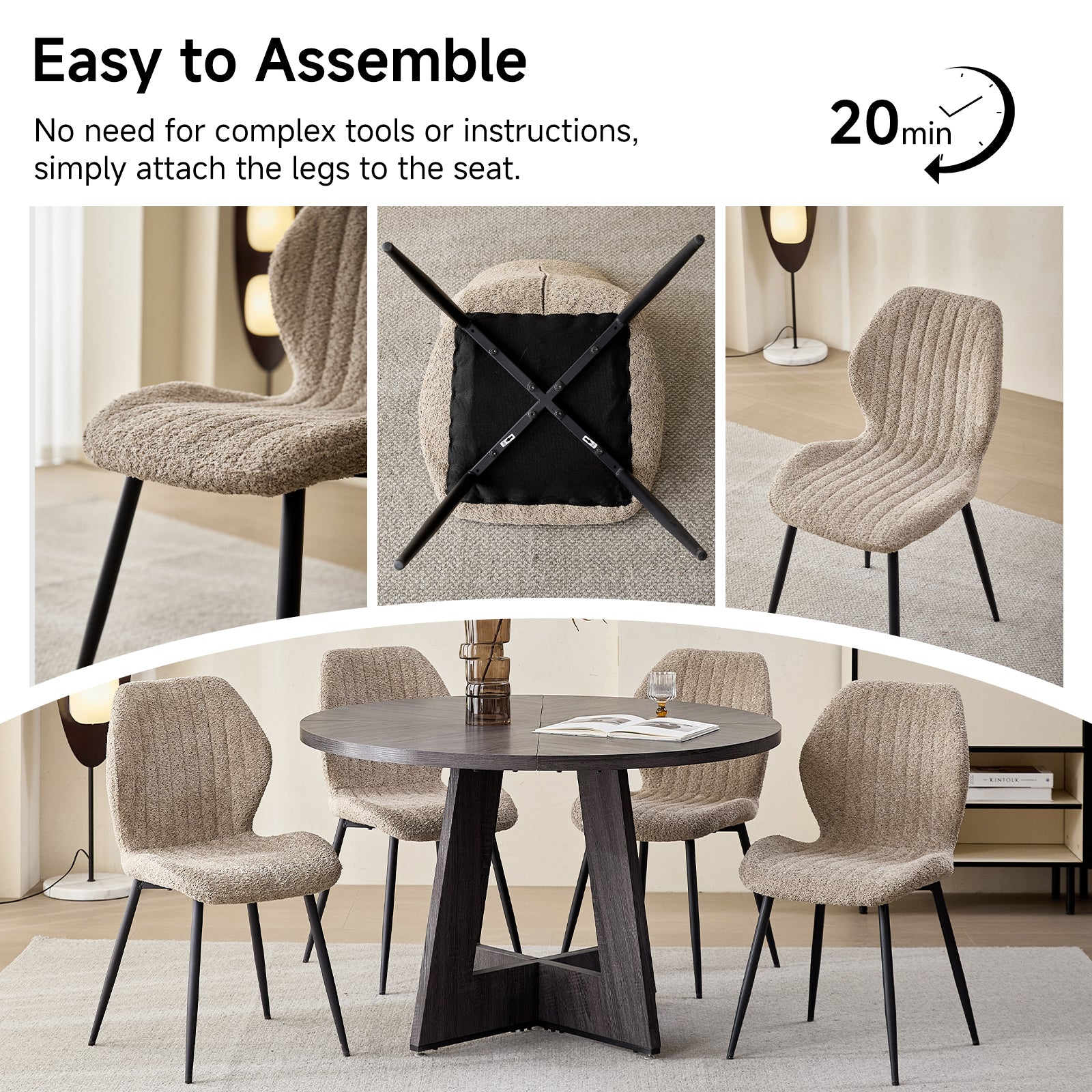 Boucle Dining Chairs Set of 4, Mid Century Modern Kitchen Chairs Comfortable Upholstered Armless Accent Dinning Room Chairs with Back and Metal Legs for Kitchen, Bedroom, Living Room, Brown