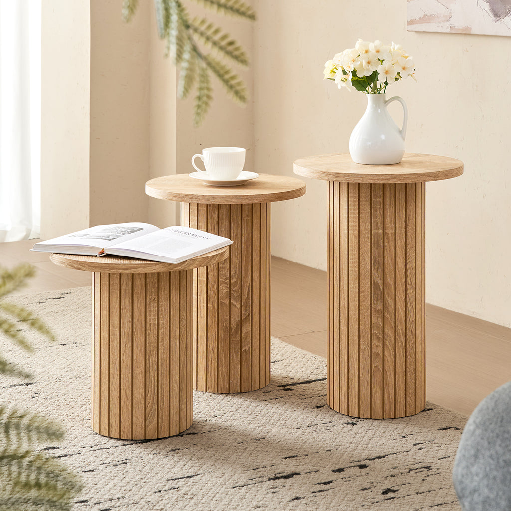 3-Piece Nesting Coffee Table Set, Modern Small Round Wood Side Tables, Fluted Drum Base, for Living Room, Bedroom, Apartment, Small Space, Sofa, Natural
