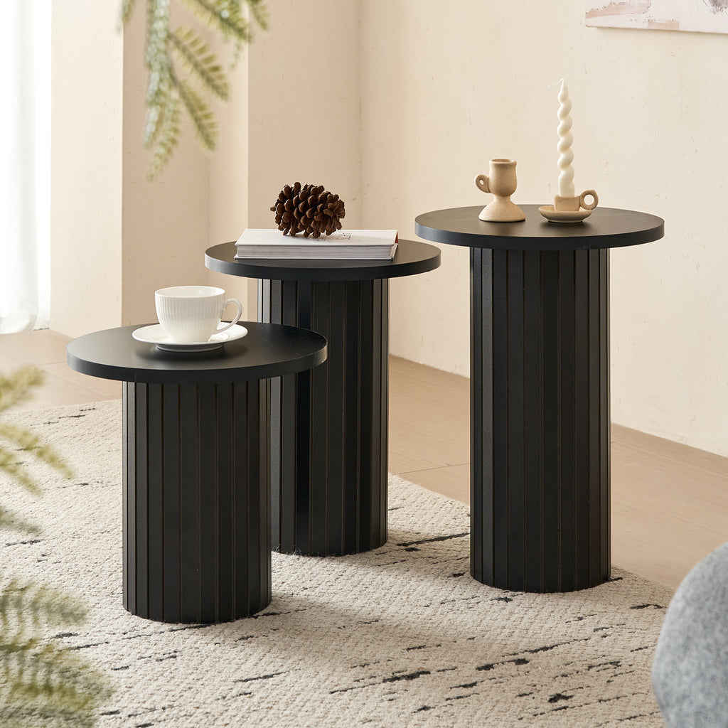 3-Piece Nesting Coffee Table Set, Modern Small Round Wood Side Tables, Fluted Drum Base, for Living Room Bedroom Apartment Small Space, Black