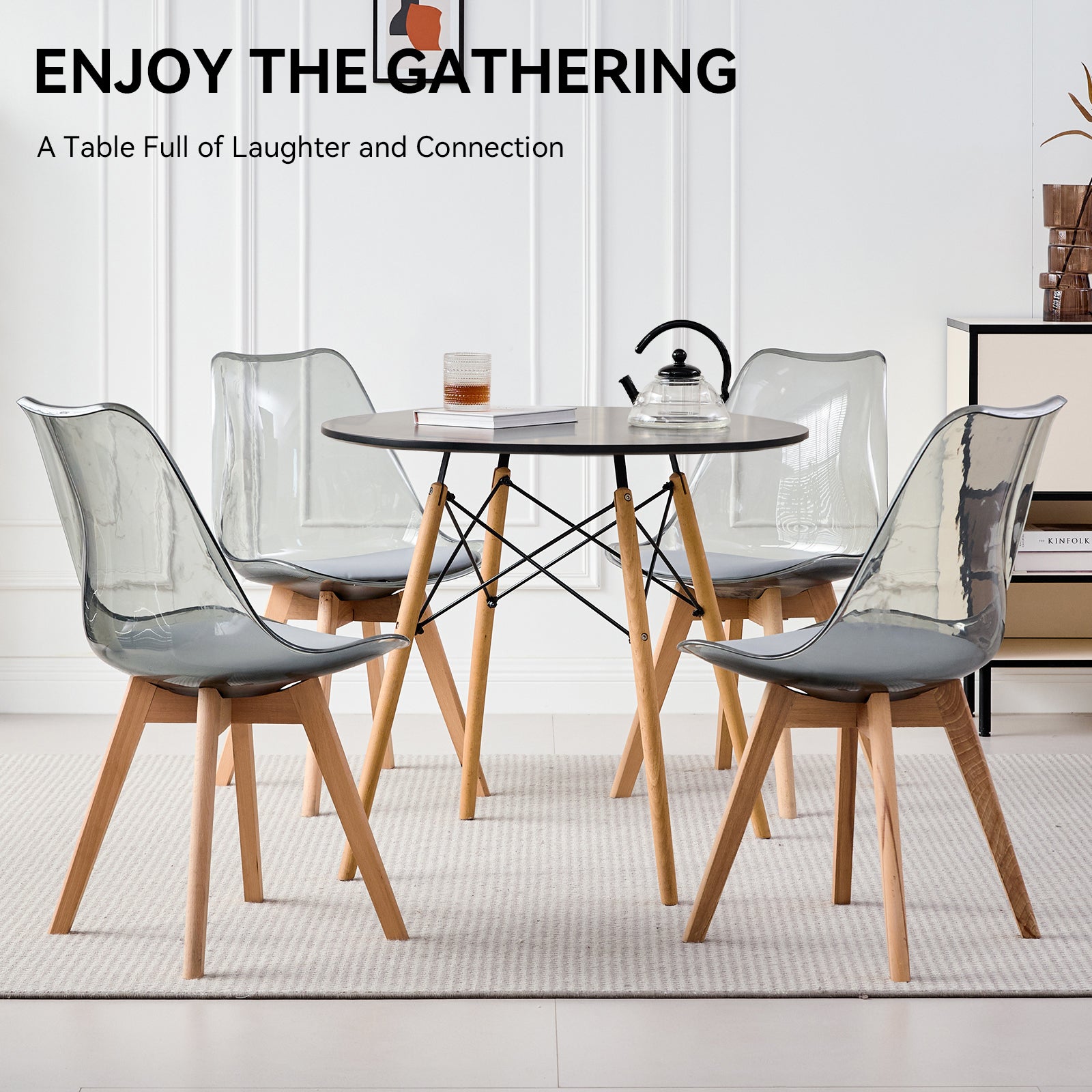 5 Piece Round Dining Table Set for 4, 31.5" Kitchen Table with 4 Clear Gray Acrylic Chairs for Restaurant Bedroom Living Room, Space Saving Black Table Chair Set of 4