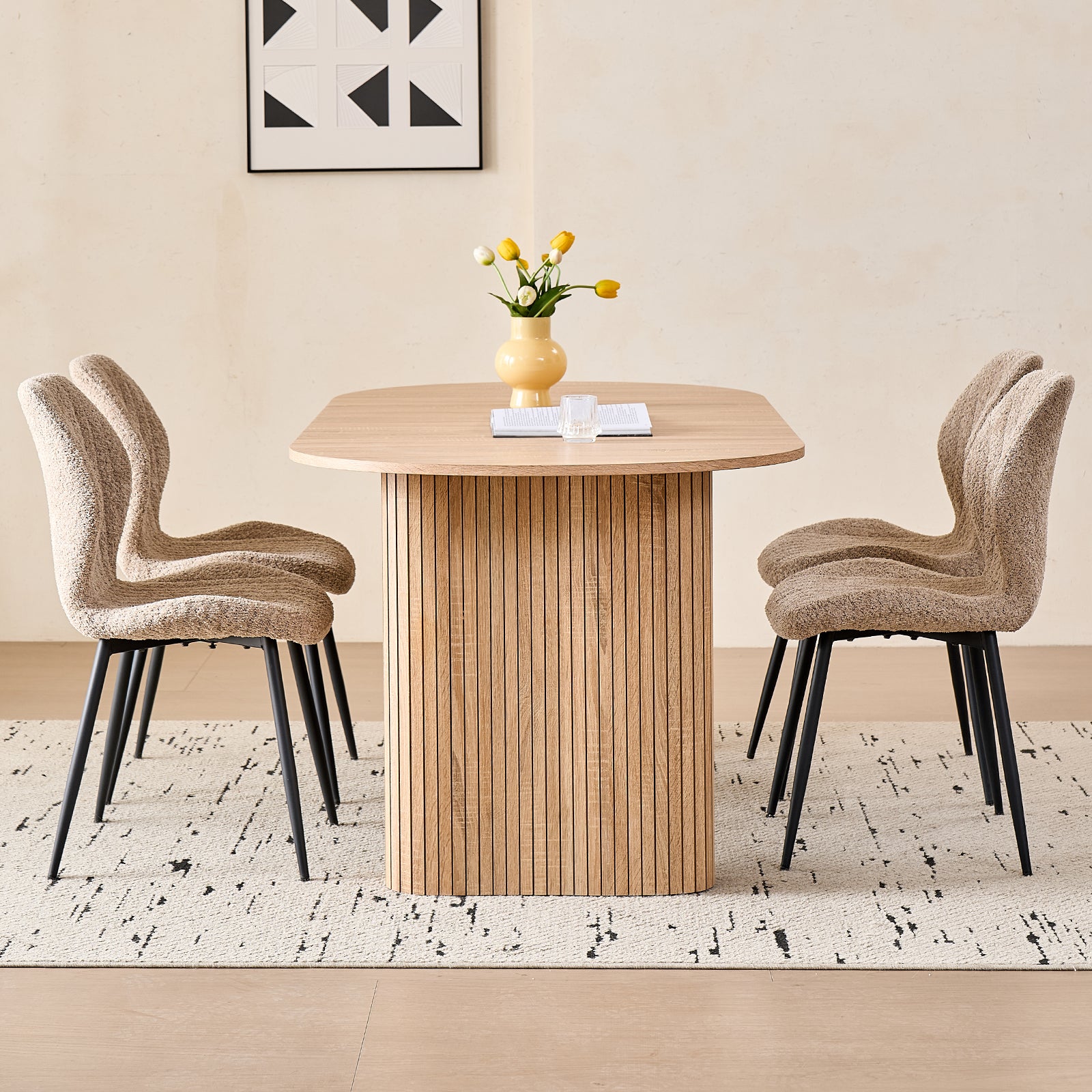 71" Large Dining Table Set for 4, Rounded Corners Farmhouse Modern Rectangle Wood Kitchen Table with Boucle Chairs Set of 4