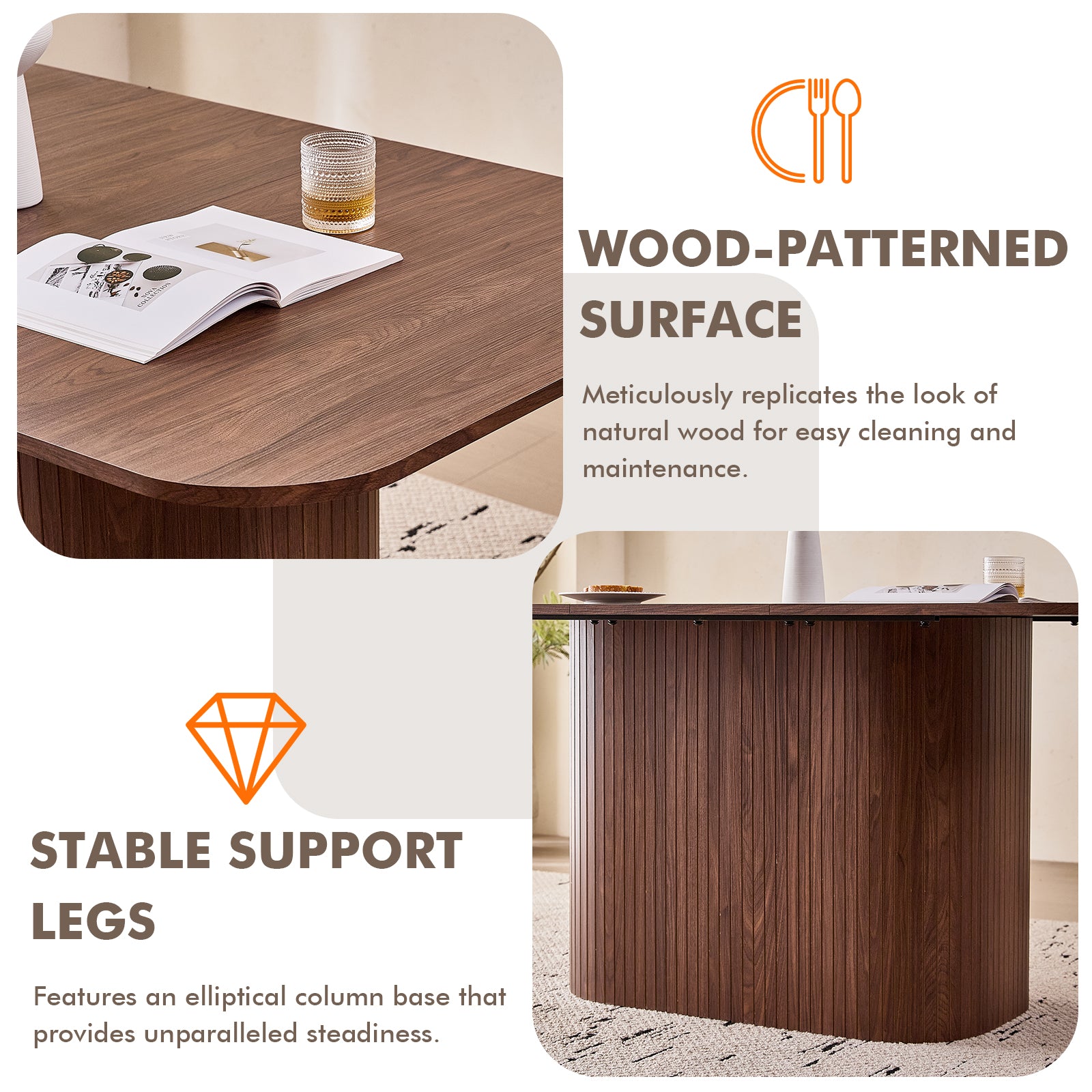 63" Rectangle Dining Table for 4-6 Person, Modern Mid-century Farmhouse Large Kitchen Table w/Wood Strip Pedestal Base, Rustic Dinner Table for Breakfast Dining Reception Room, Brown