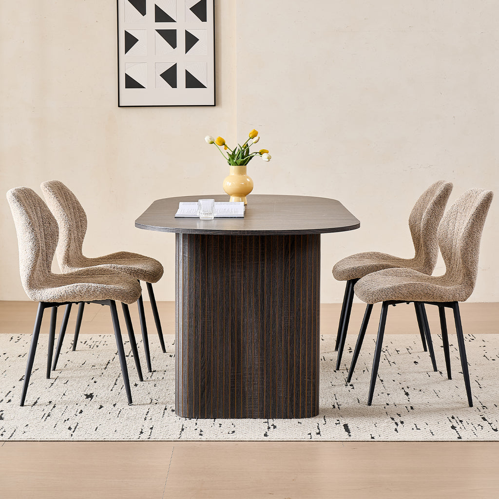 71" Large Dining Table Set for 4, Rounded Corners Farmhouse Modern Rectangle Wood Kitchen Table with Boucle Chairs Set of 4
