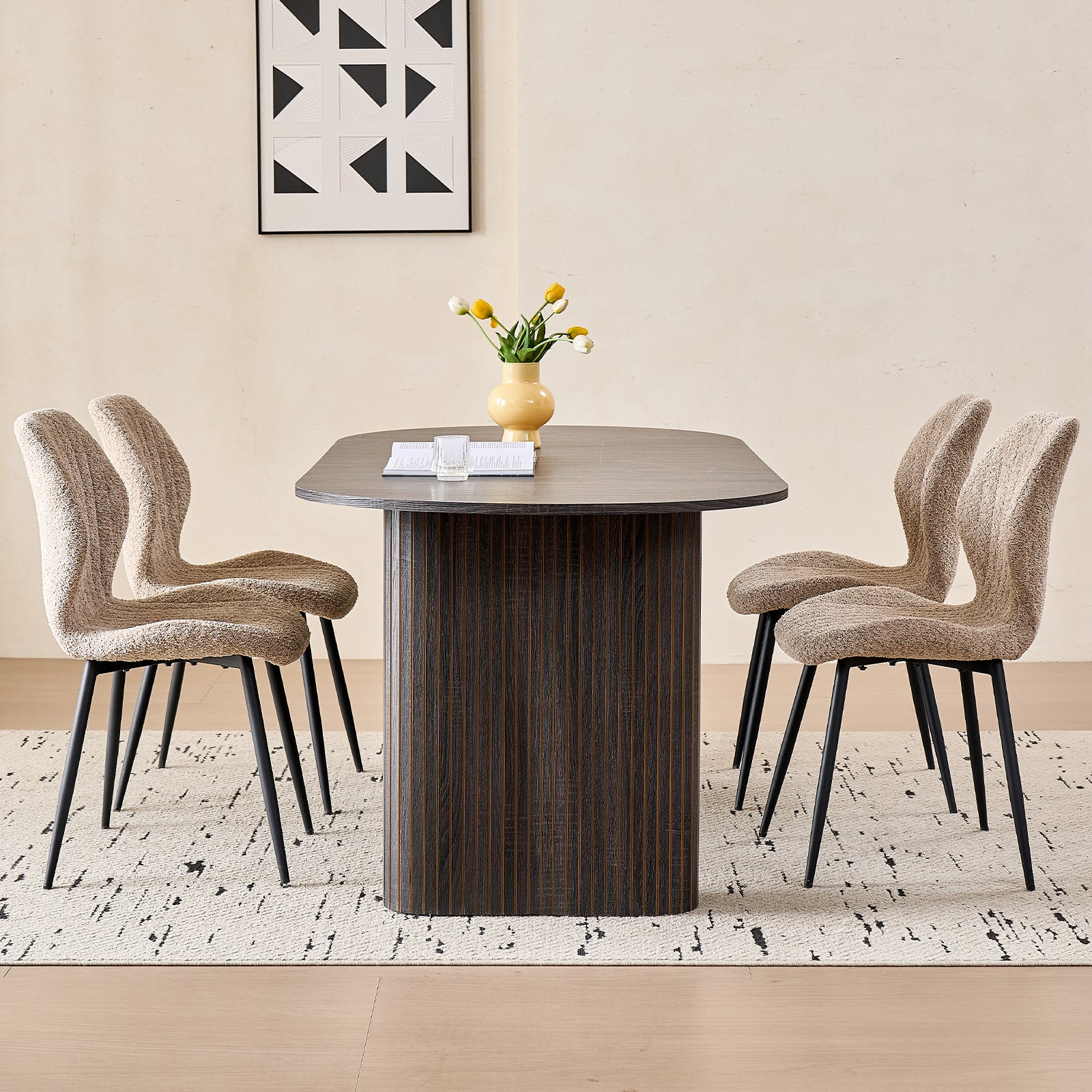 71" Large Dining Table Set for 4, Rounded Corners Farmhouse Modern Rectangle Wood Kitchen Table with Boucle Chairs Set of 4