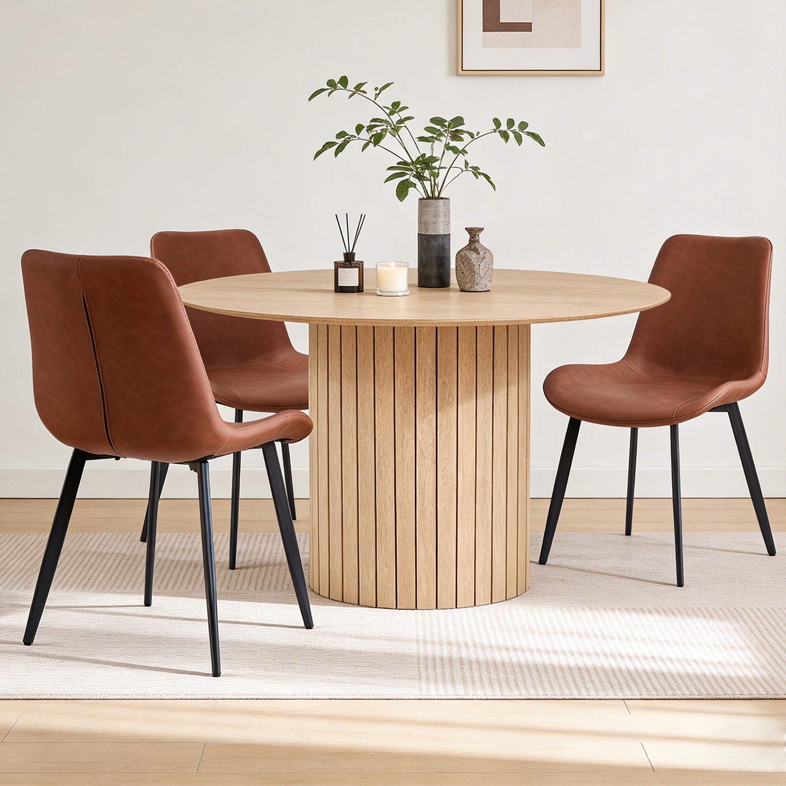 47 inches Modern Round Dining Table, Wood Kitchen Table for 4 with Two-part Tabletop and Wooden Strip Columns Base, Farmhouse Table for Kitchen, Dinning Room, Oak