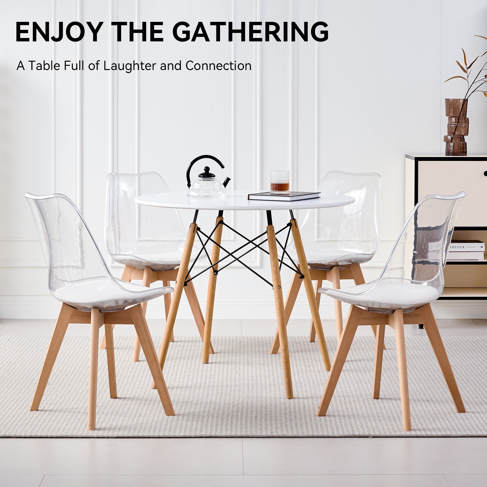 5 Piece Round Dining Table Set for 4, 35.5" Kitchen Table with 4 Clear Acrylic Chairs for Restaurant Bedroom Living Room, Space Saving White Table Chair Set of 4