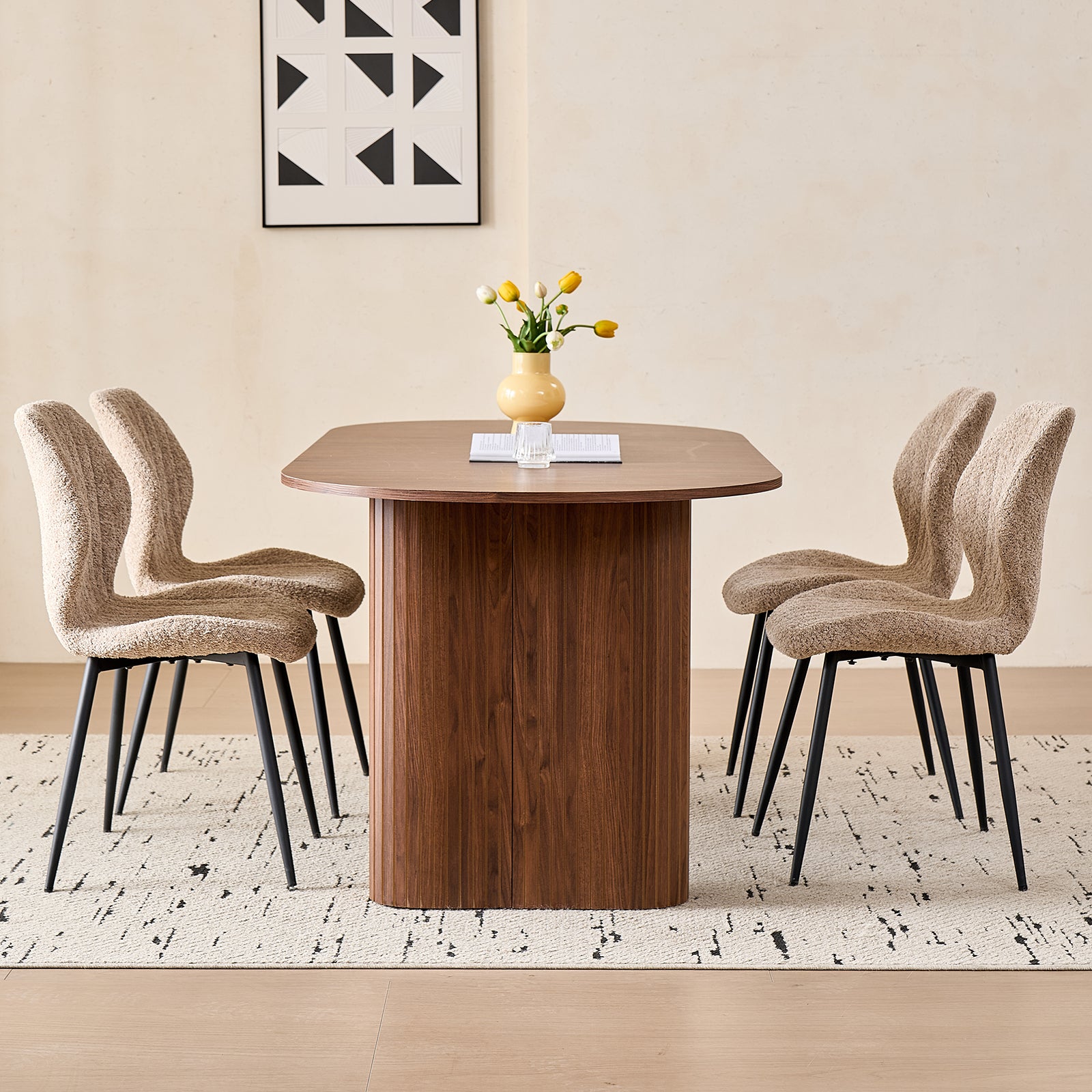 71" Large Dining Table Set for 4, Rounded Corners Farmhouse Modern Rectangle Wood Kitchen Table with Boucle Chairs Set of 4