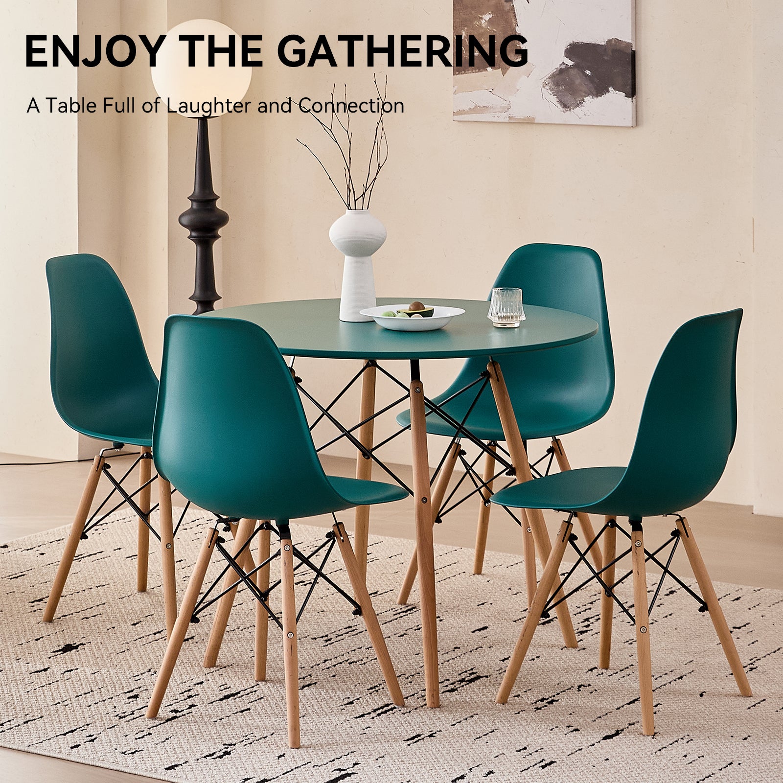 5 Piece 31.5'' Round Dining Table Set for 4, Kitchen Table & Chairs Set of 4, Mid-Century Modern Table W/ 4 Chairs for Home, Living Room, Apartment, Wood Legs, Metal Frame, Green
