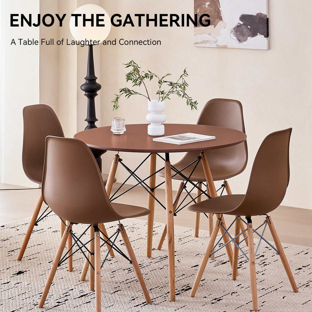 5 Piece 31.5'' Round Dining Table Set for 4, Kitchen Table & Chairs Set of 4, Mid-Century Modern Table W/ 4 Chairs for Home, Living Room, Apartment, Wood Legs, Metal Frame, Brown