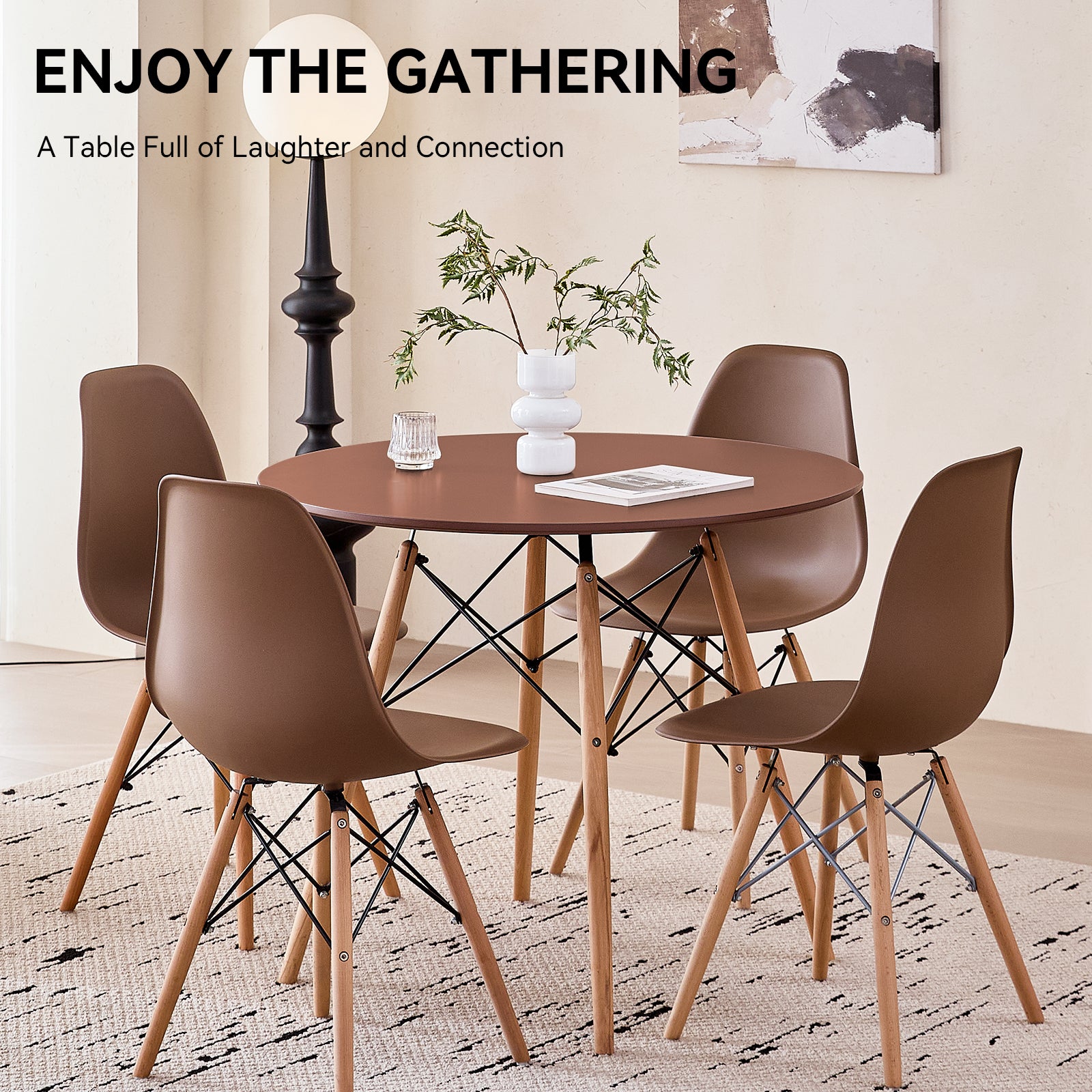 5 Piece 31.5'' Round Dining Table Set for 4, Kitchen Table & Chairs Set of 4, Mid-Century Modern Table W/ 4 Chairs for Home, Living Room, Apartment, Wood Legs, Metal Frame, Brown