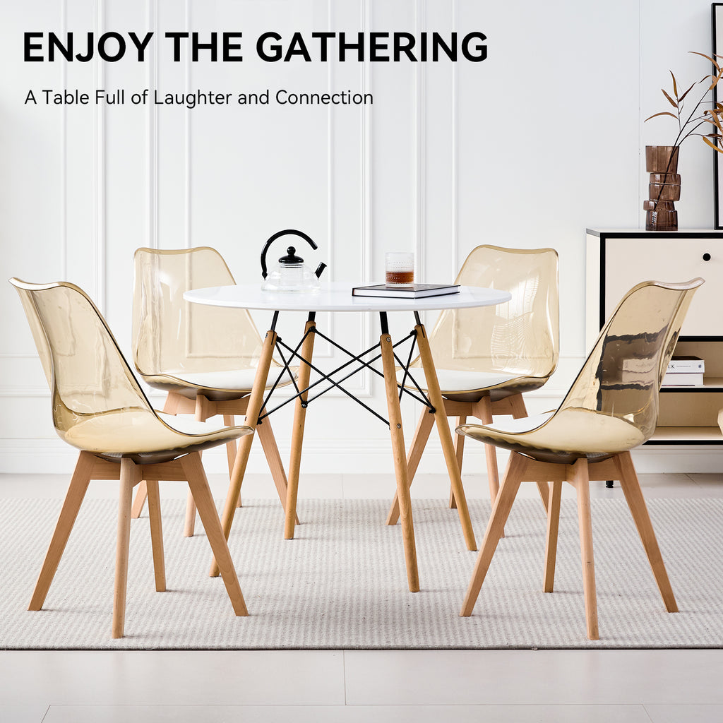 5 Piece Round Dining Table Set for 4, 31.5" Kitchen Table with 4 Clear Brown Acrylic Chairs for Restaurant Bedroom Living Room, Space Saving White Table Chair Set of 4