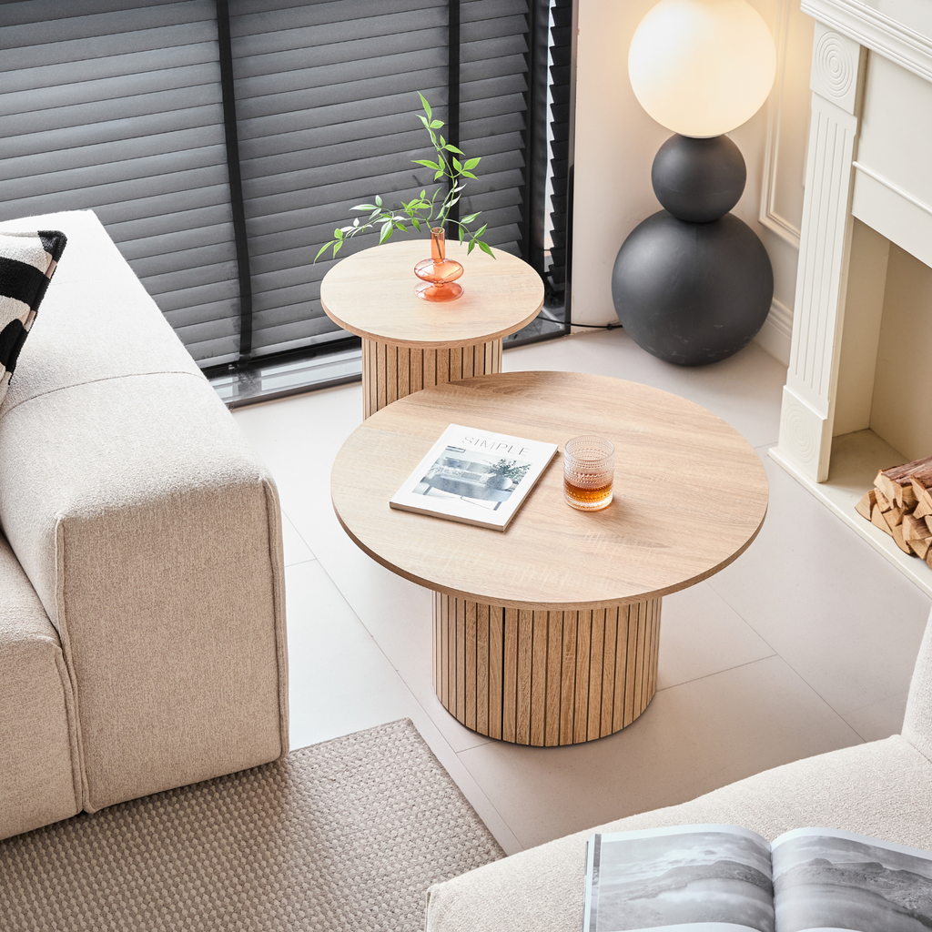 Round Nesting Coffee Tables Set of 2, Boho Wood Circle Side Table Fluted Drum, Farmhouse End Table for Living Room Bedroom, Apartment(Natural)