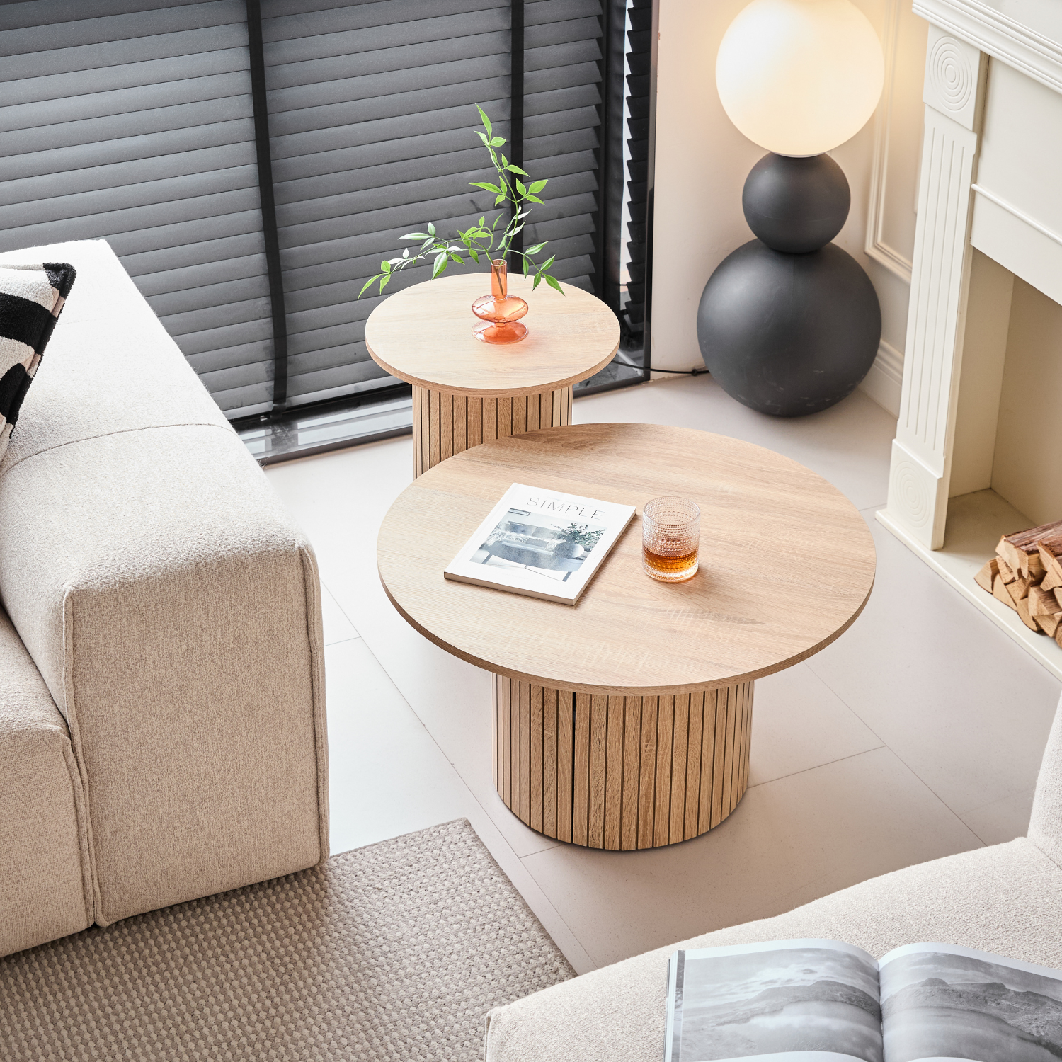 Round Nesting Coffee Tables Set of 2, Boho Wood Circle Side Table Fluted Drum, Farmhouse End Table for Living Room Bedroom, Apartment(Natural)