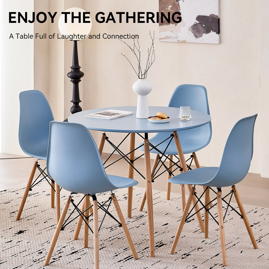 5 Piece 31.5'' Round Dining Table Set for 4, Kitchen Table & Chairs Set of 4, Mid-Century Modern Table W/ 4 Chairs for Home, Living Room, Apartment, Wood Legs, Metal Frame, Blue
