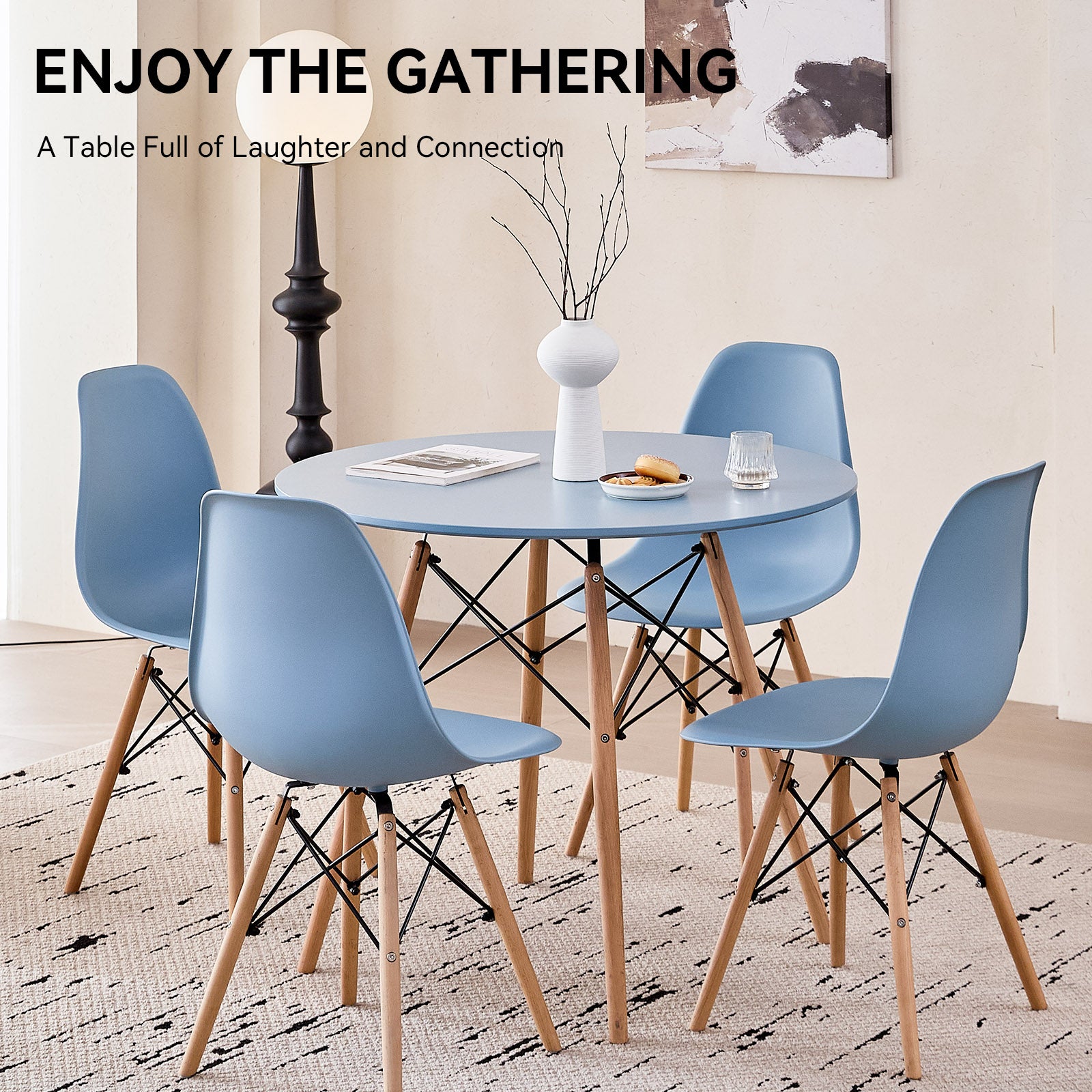5 Piece 31.5'' Round Dining Table Set for 4, Kitchen Table & Chairs Set of 4, Mid-Century Modern Table W/ 4 Chairs for Home, Living Room, Apartment, Wood Legs, Metal Frame, Blue