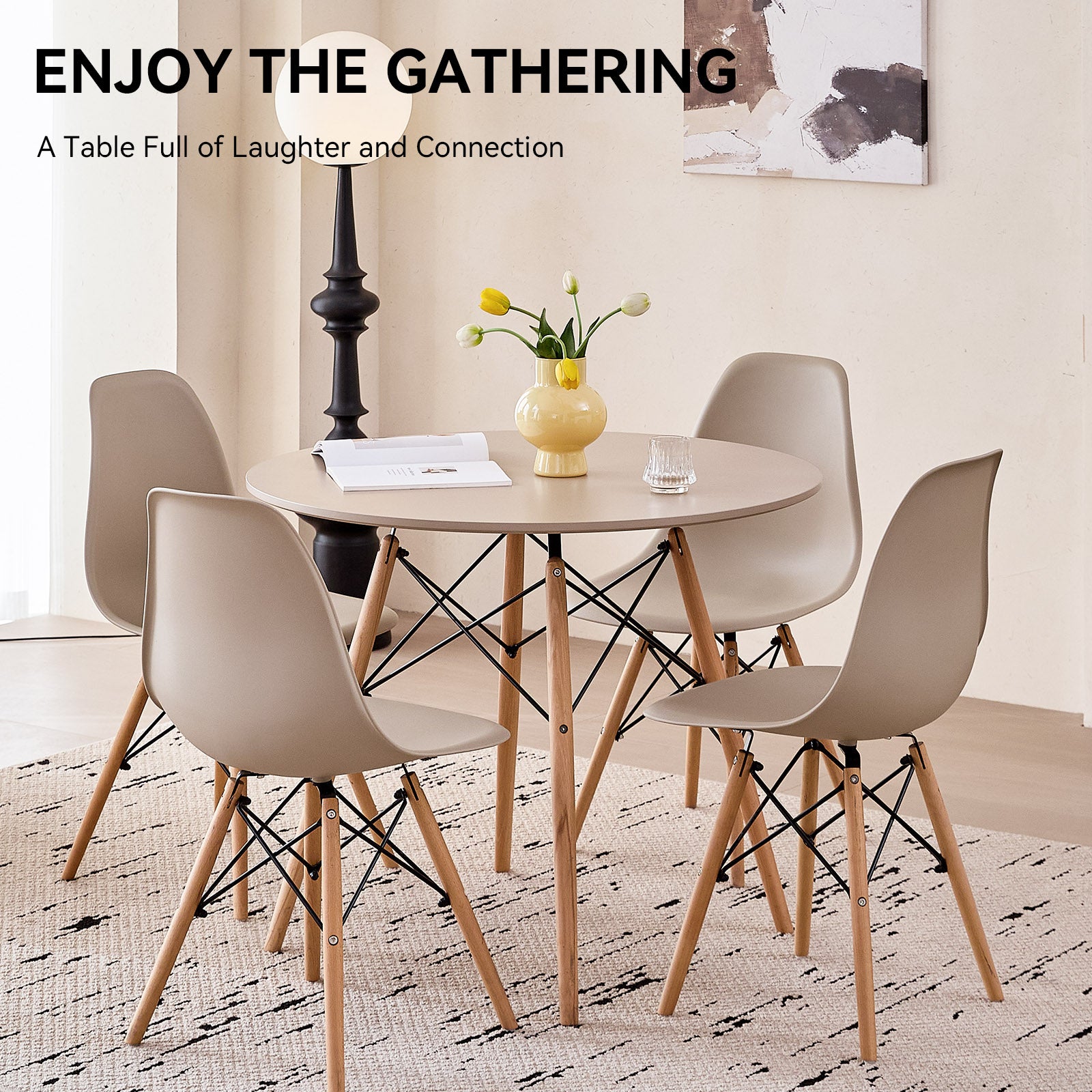 5 Piece 31.5'' Round Dining Table Set for 4, Mid-Century Modern Table W/ 4 Chairs for Kitchen, Home, Living Room, Apartment, Wood Legs, Metal Frame