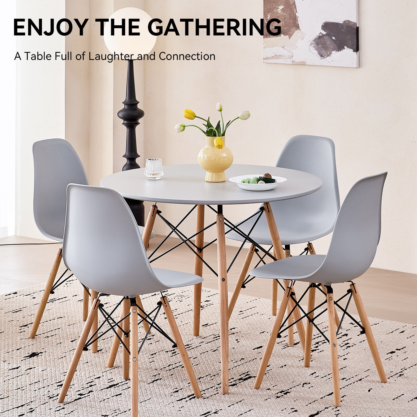 5 Piece 31.5'' Round Dining Table Set for 4, Kitchen Table & Chairs Set of 4, Mid-Century Modern Table W/ 4 Chairs for Home, Living Room, Apartment, Wood Legs, Metal Frame, Gray