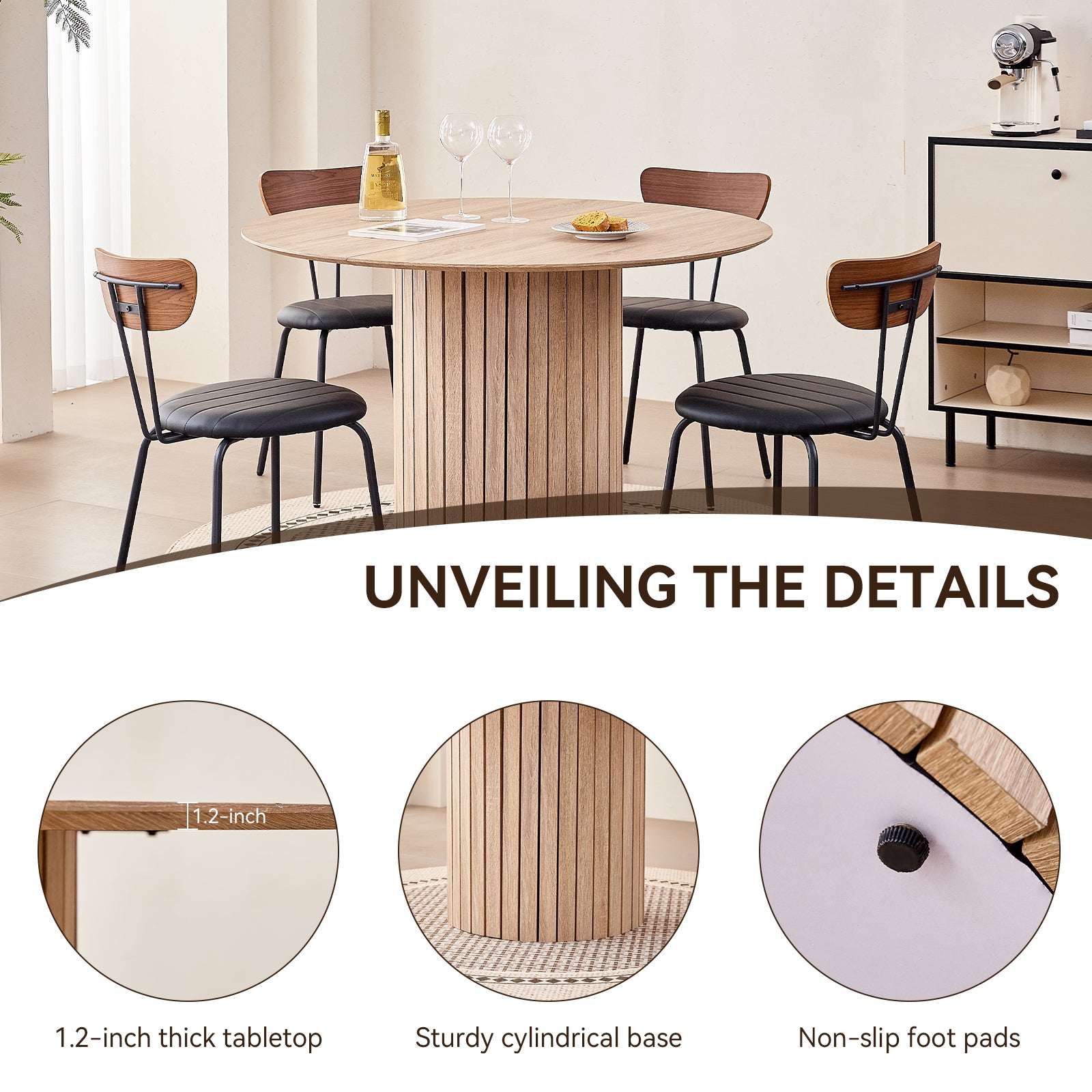 47 inches Modern Round Dining Table, Wood Kitchen Table for 4 with Two-part Tabletop and Wooden Strip Columns Base, Farmhouse Table for Kitchen, Dinning Room, Oak