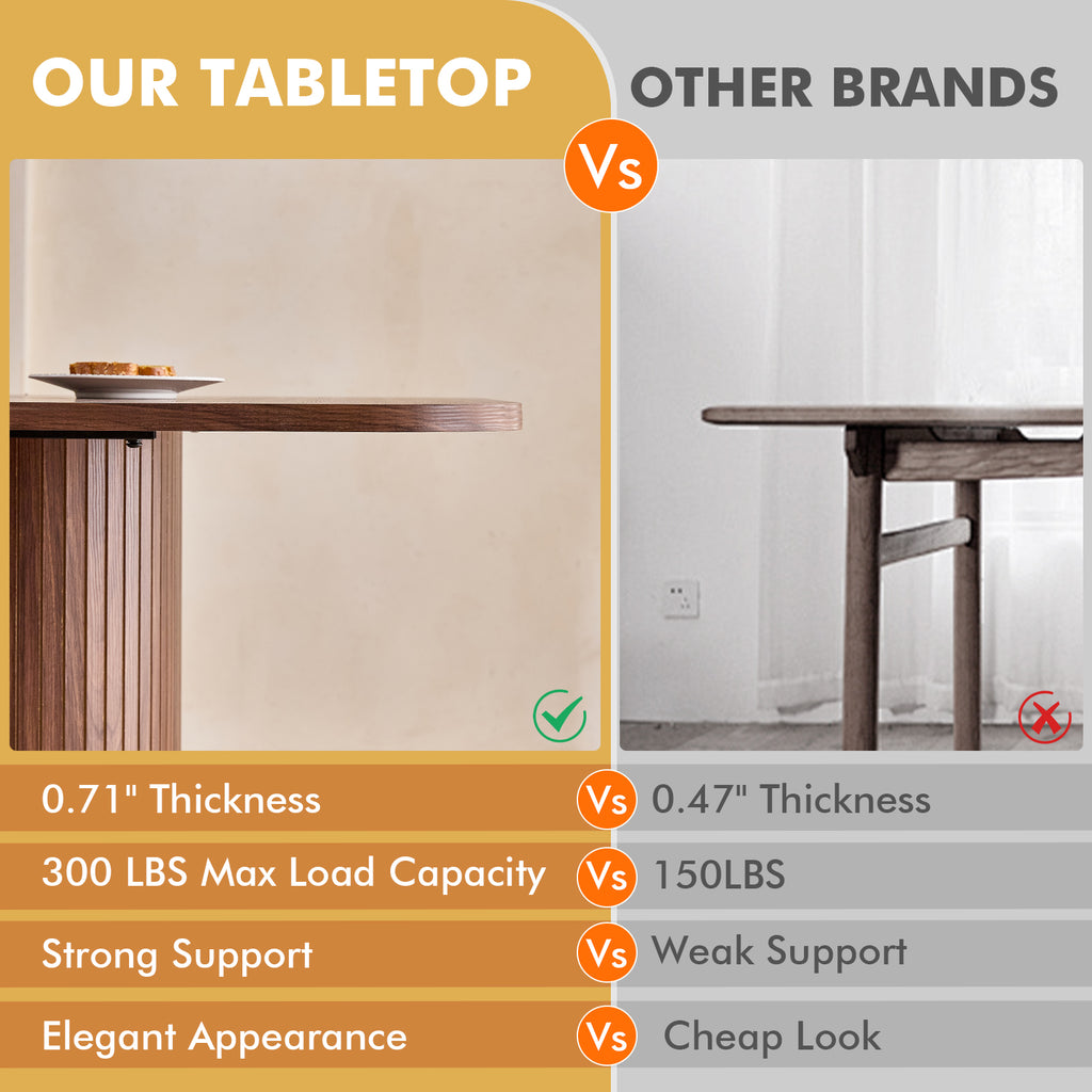 63" Rectangle Dining Table for 4-6 Person, Modern Mid-century Farmhouse Large Kitchen Table w/Wood Strip Pedestal Base, Rustic Dinner Table for Breakfast Dining Reception Room, Brown