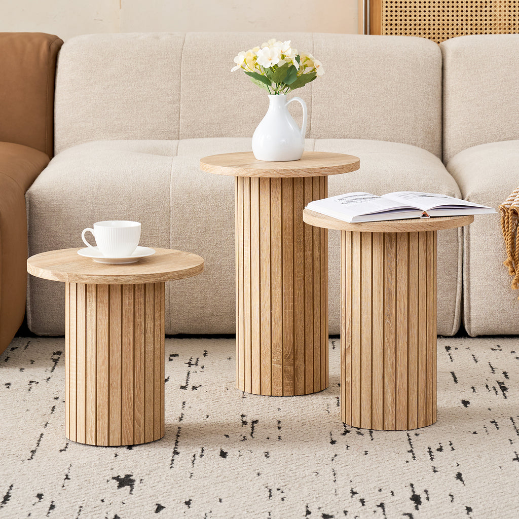 3-Piece Nesting Coffee Table Set, Modern Small Round Wood Side Tables, Fluted Drum Base, for Living Room, Bedroom, Apartment, Small Space, Sofa, Natural
