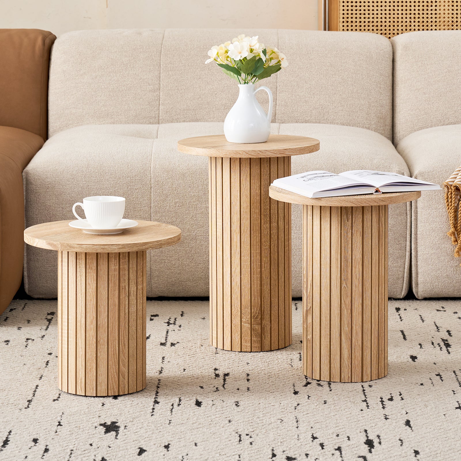 3-Piece Nesting Coffee Table Set, Modern Small Round Wood Side Tables, Fluted Drum Base, for Living Room, Bedroom, Apartment, Small Space, Sofa, Natural