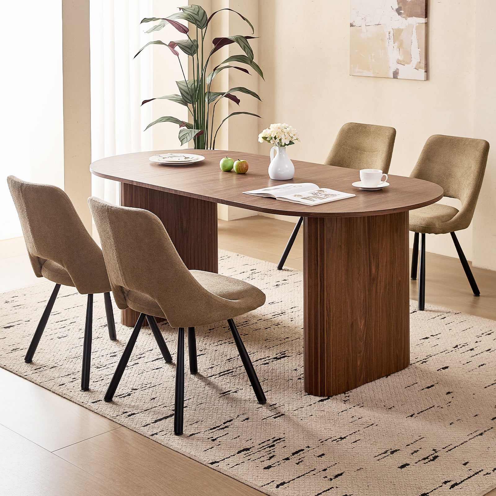 71" Brown Large Dining Table Set for 4 Modern Kitchen Table with Brown Boucle Upholstered Kitchen Chairs Set of 4