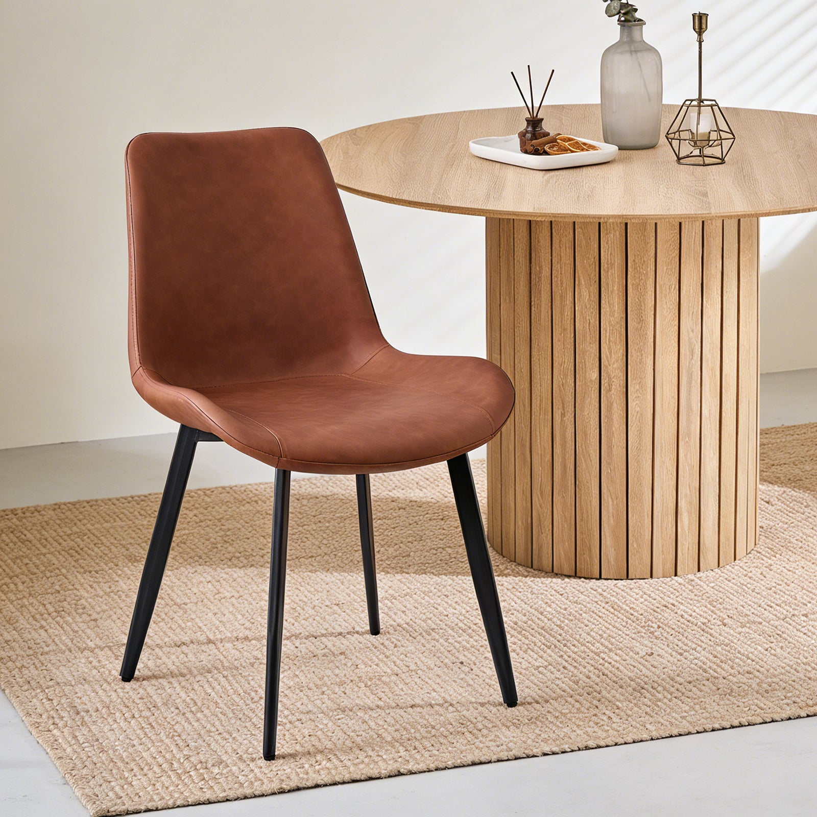 47 inches Modern Round Dining Table, Wood Kitchen Table for 4 with Two-part Tabletop and Wooden Strip Columns Base, Farmhouse Table for Kitchen, Dinning Room, Oak